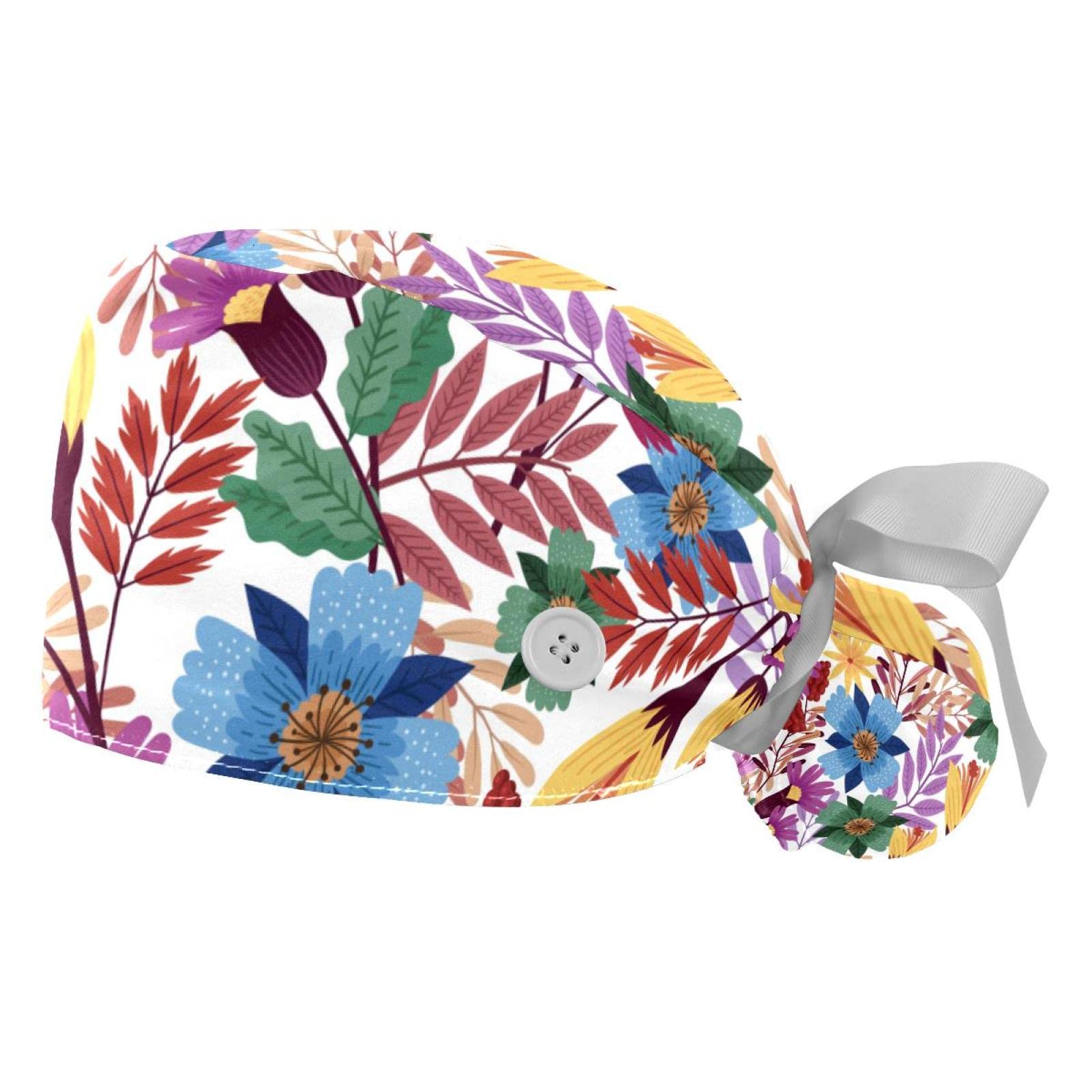 Cute Buho Scrub Caps Hats Women Bouffant Working Hat Ponytail Holder for Women Long Hair Covers 2PCS