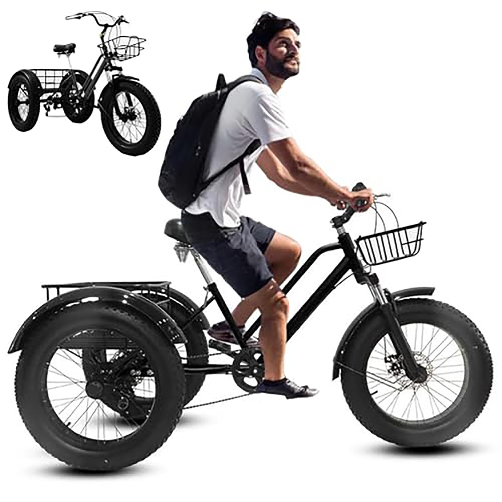 Triciclo De Ruedas Anchas De 7 Velocidades, Bicicleta De Crucero De Tres Ruedas De 20″, Capacidad De Carga De 200 kg, para Paseos Diarios, Compras Y Transporte De Carga Black