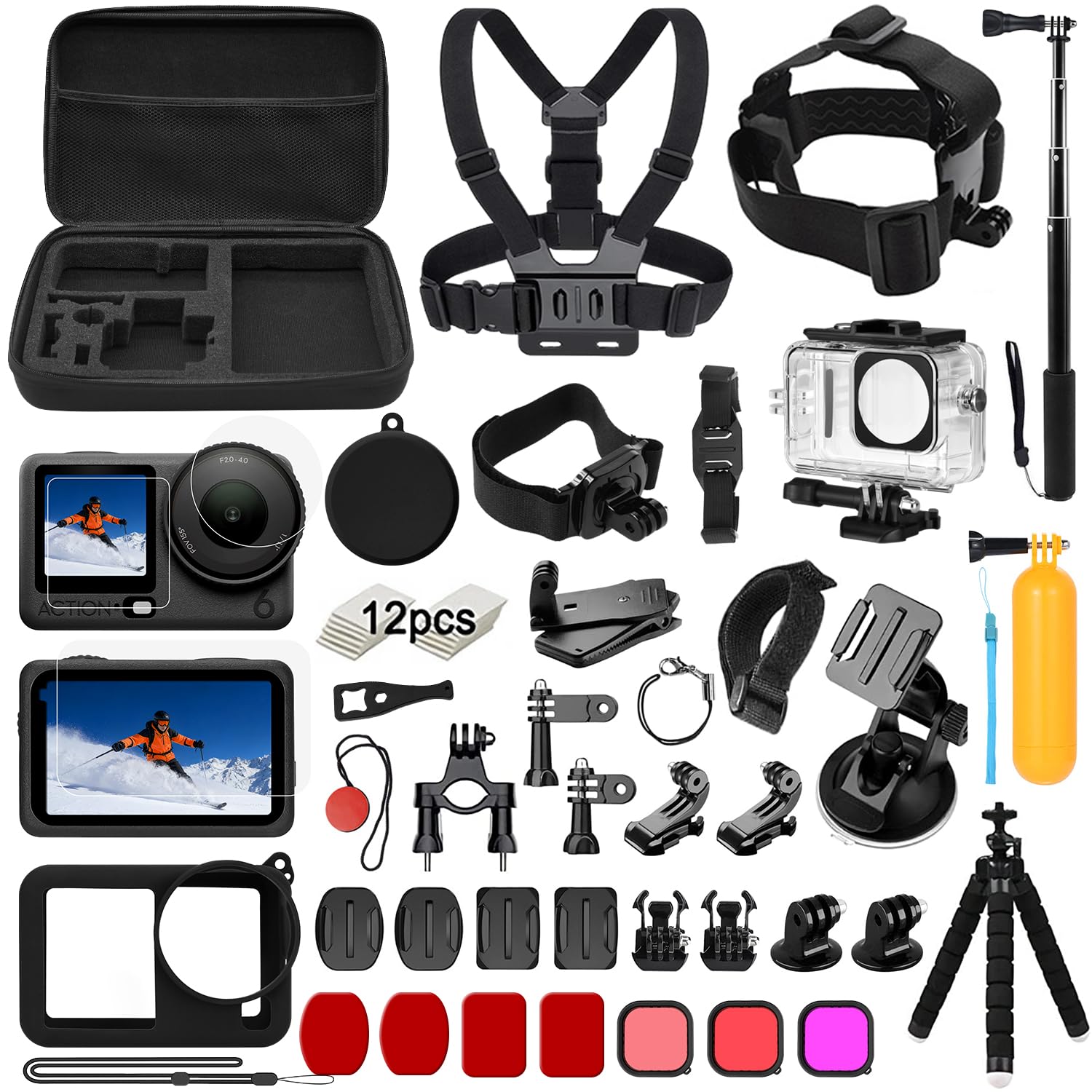 Accessories Kit for DJI Osmo Action 6 Black, SGIP Waterproof Protective Cover Housing Bike Mount Selfie Stick, Accessory Set