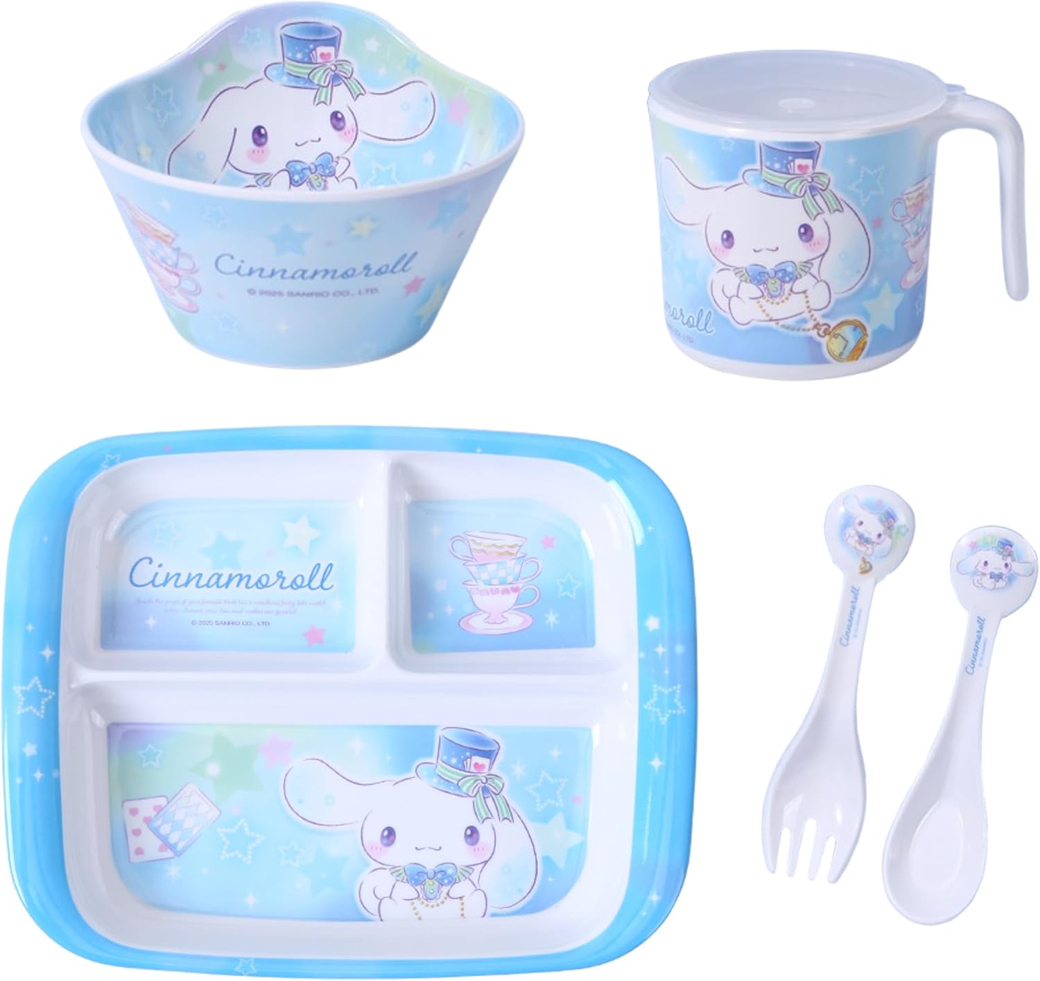 Cinnamoroll Gentleman Dinnerware Flatware Meal Set – Plate Bowl Cup Fork Spoon, 5 pieces
