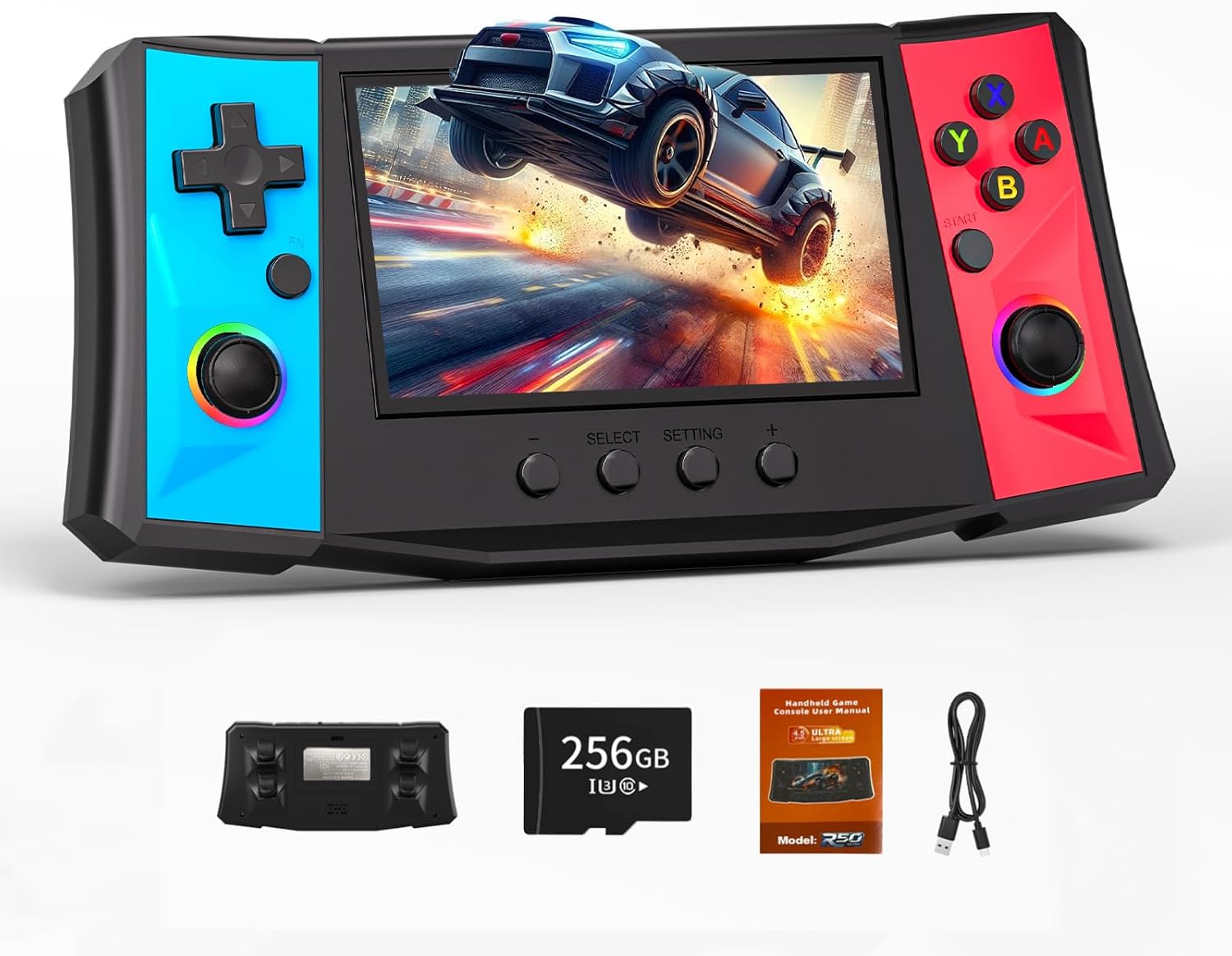 FVBADE 【50000 in 1】 R50 Ultra Handheld Game Console 4.5 inch IPS Screen Mini Retro Console 4000mAh Portable Pocket Arcade 12+ Mainstream Emulator 256G TF Card Transparent(Red)