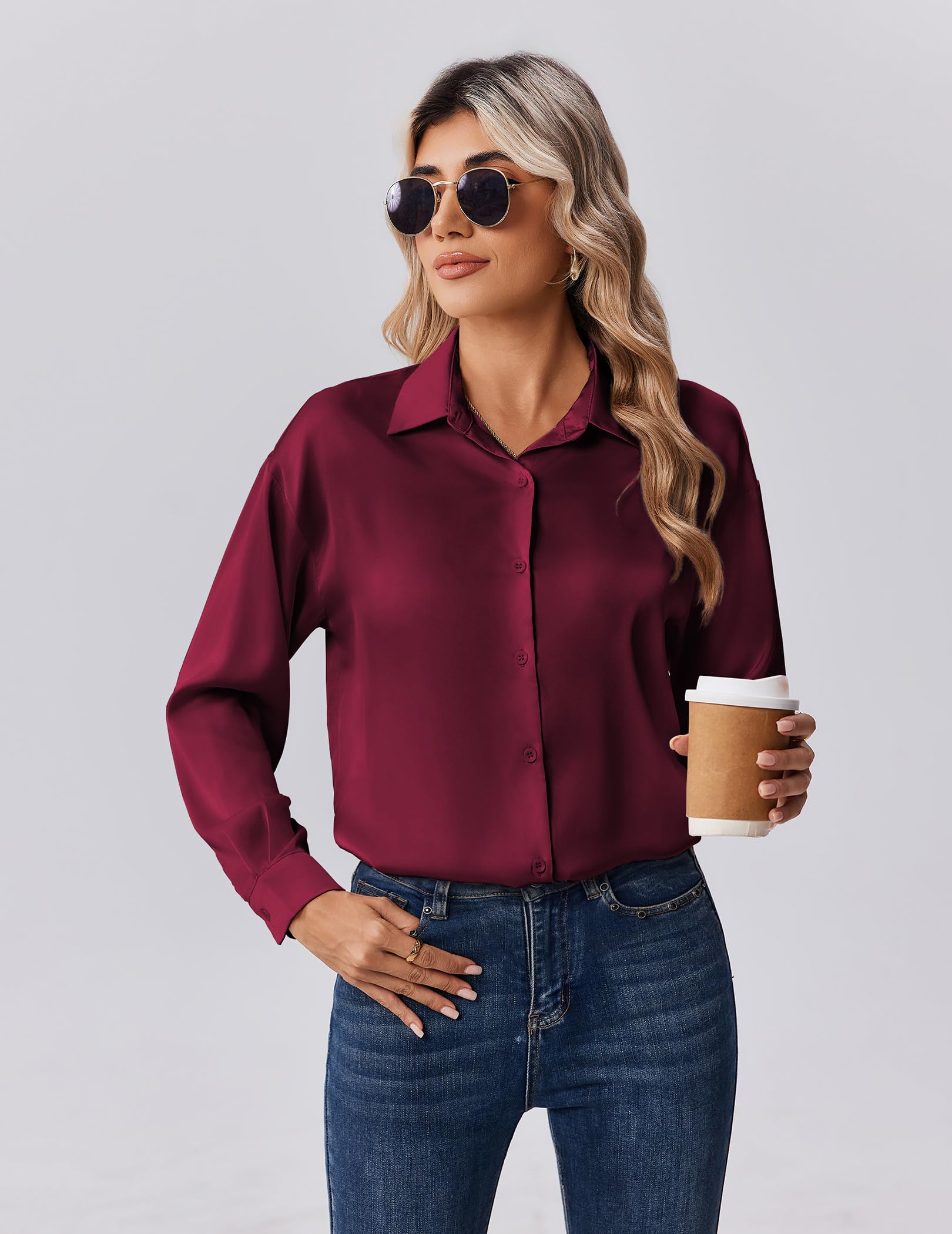 Zeagoo Camicia da donna in raso, con scollo a V, casual, elegante, a quadretti, in seta, a maniche lunghe