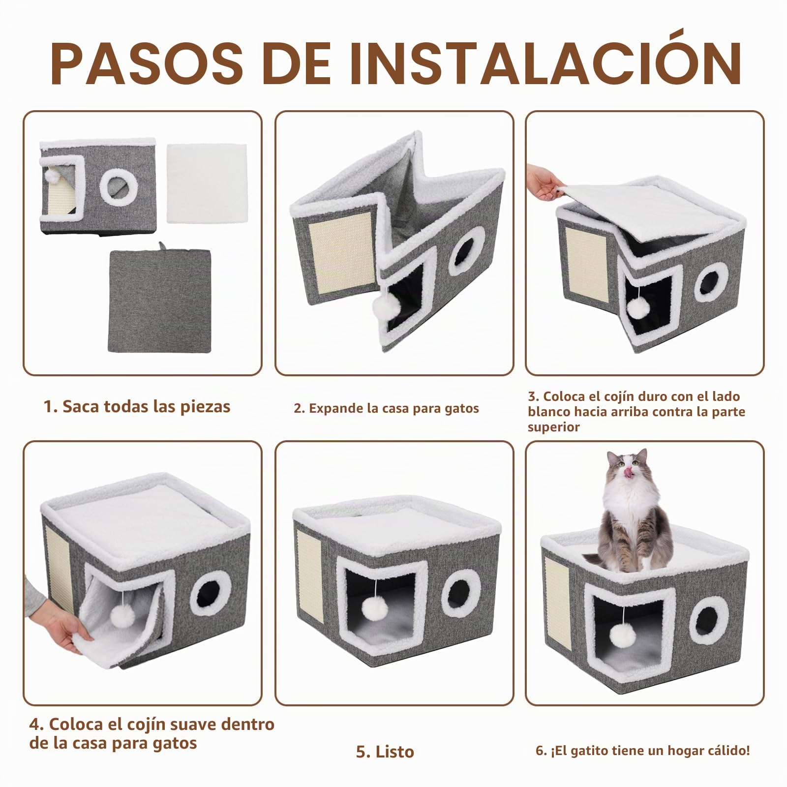 Casa Plegable para Gatos,40 x 40 x 31cm Casa para Gatos para Interiores,Capas para Gatos Pequeños y Medianos,con Celota de Peluche, Rascador para Gatos y Agujero para Gatos