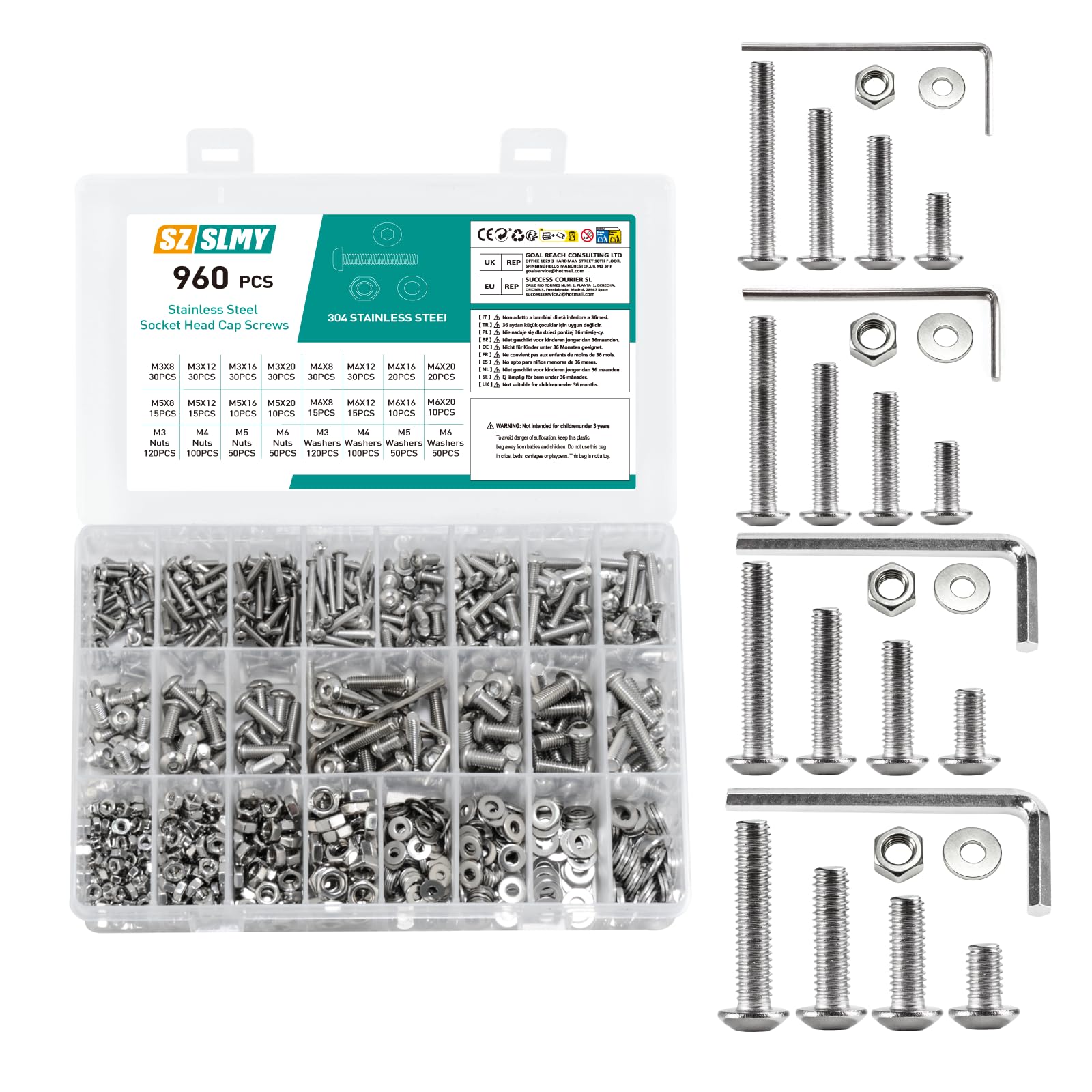 960 Pcs M3 M4 M5 M6 Bolts and Nuts Set, Assorted Nuts and Bolts Assortment, Stainless Steel Round Head Hex Socket Cap Screws Assortment, Machine Screws with Washers Set