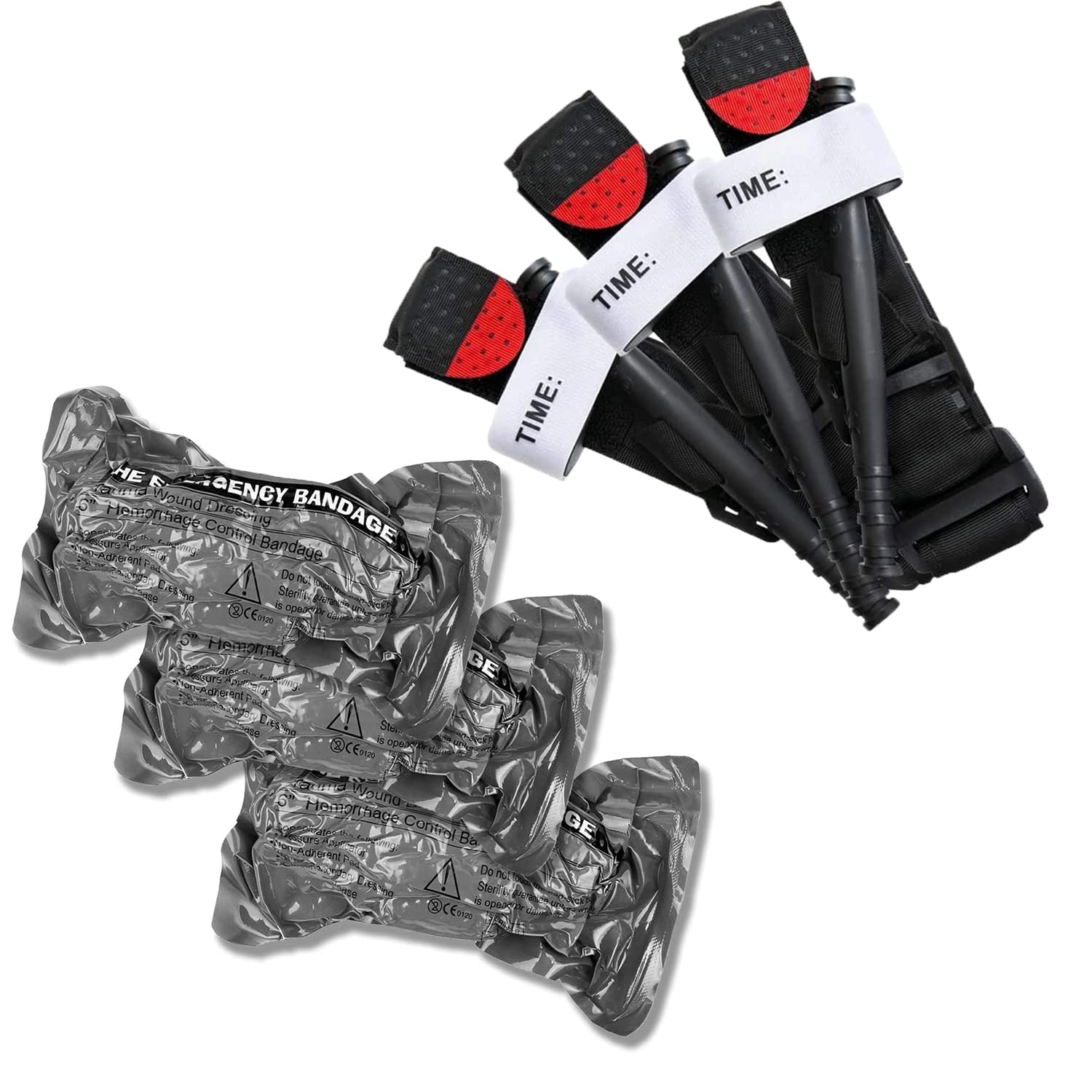 6 Pack Outdoor Emergency First Aid Supplies, 3 Pack Tourniquets and 3 Pack Israeli Bandage, First Aid Tactical Life Saving Hemorrhage Control Military Tactical Emergency