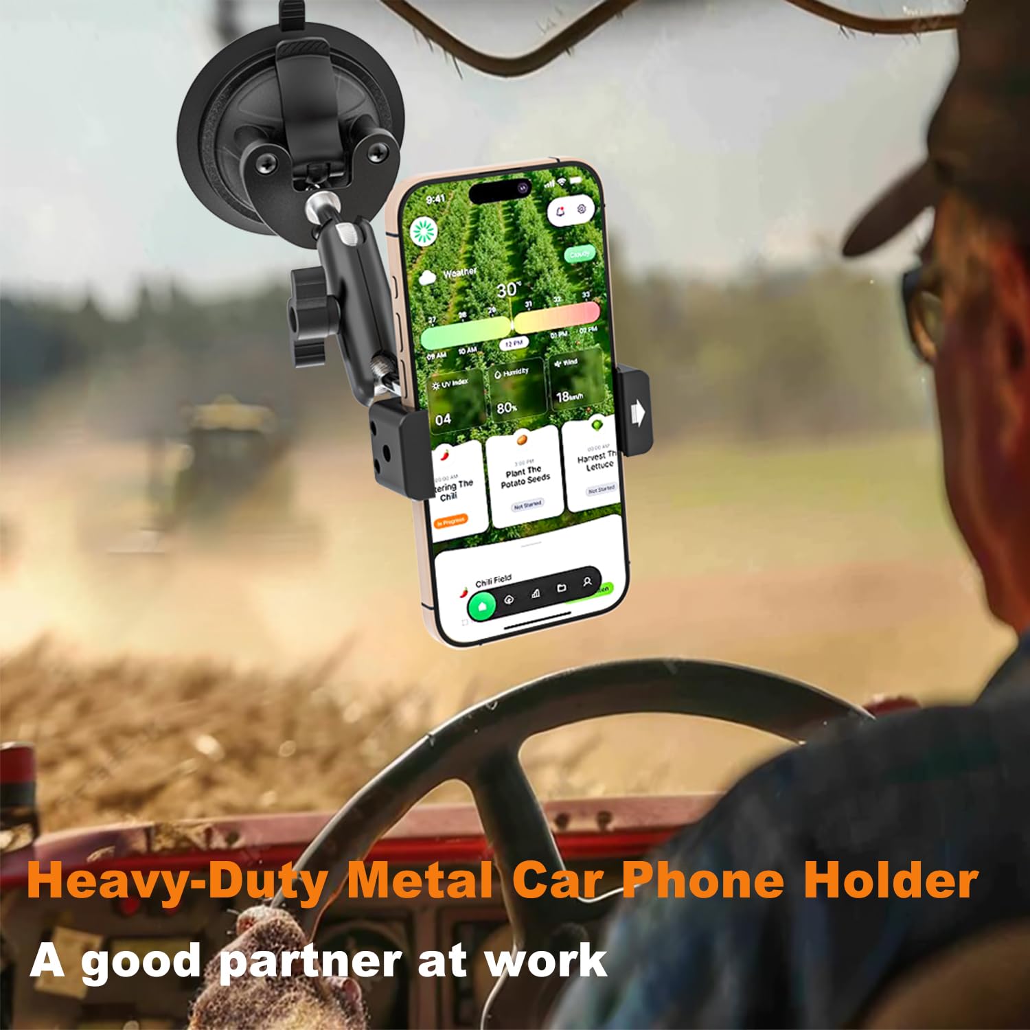 Support Téléphone Tracteur/Voiture en Métal [Bras Réglable en Aluminium] Support Tableau de Bord Pare-Brise Vitre avec Grande Ventouse pour Tous Les Téléphones, iPhone 17 16 15 Pro Max, etc