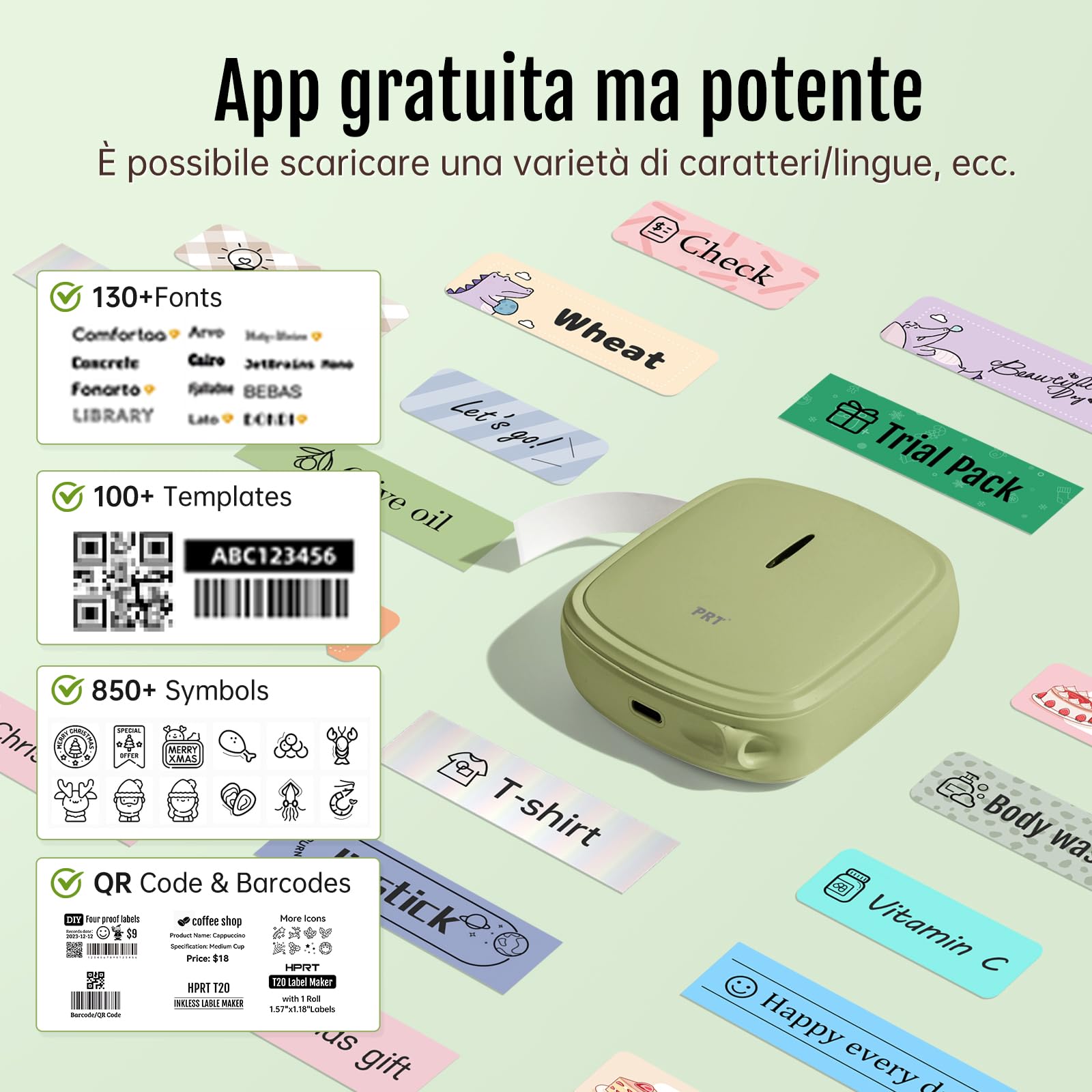 PRT Mini Etichettatrice Portatile Bluetooth Stampante Termica Etichette iOS Android Verde