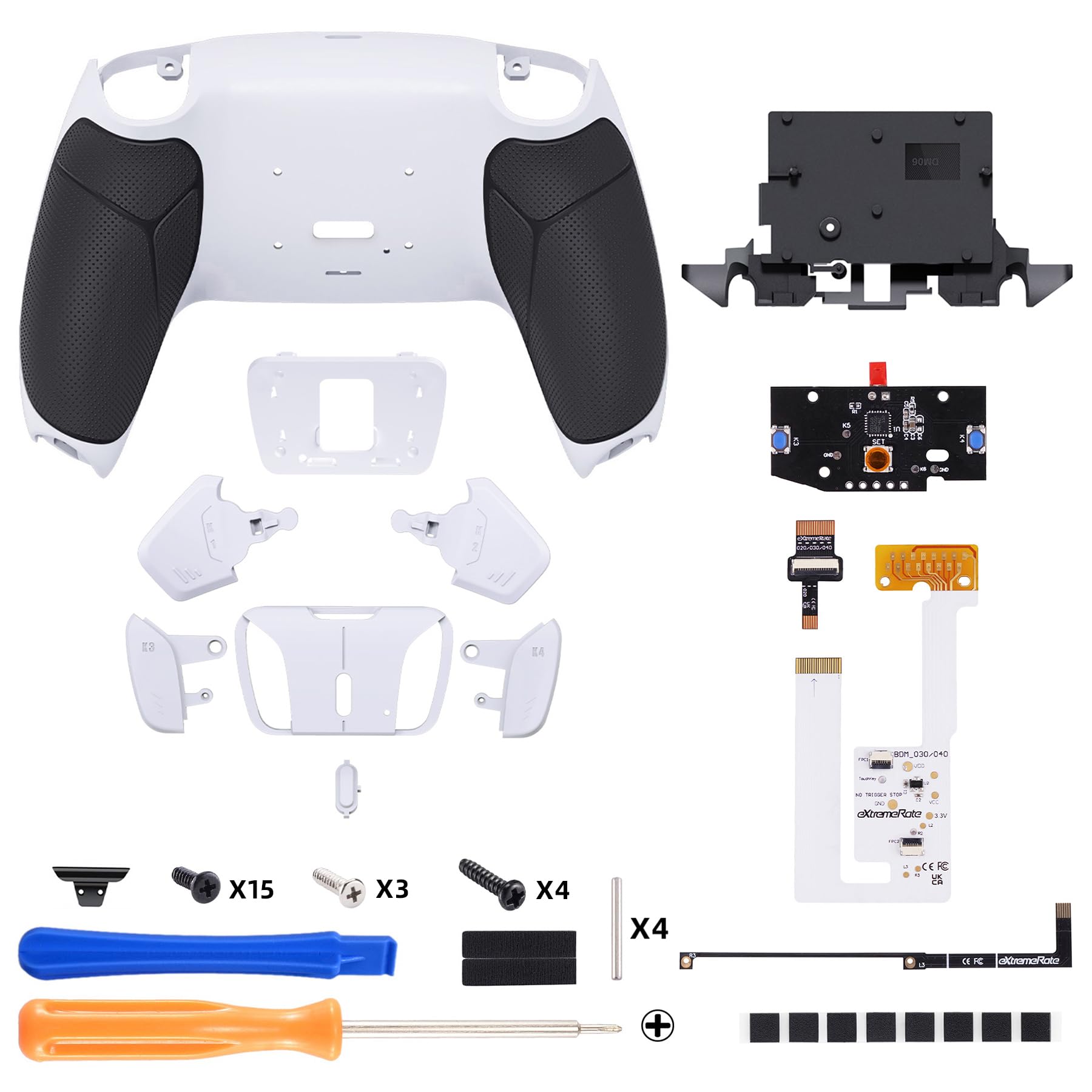 eXtremeRate Rise4 V4 Remap Kit Programmabile per ps5 Controller BDM-030 040 050 060, 4 Tasti Aggiuntivi & Cover Grip Gommato, Palette Posteriori Back Button Set per ps5 Joystick - Bianco Nero
