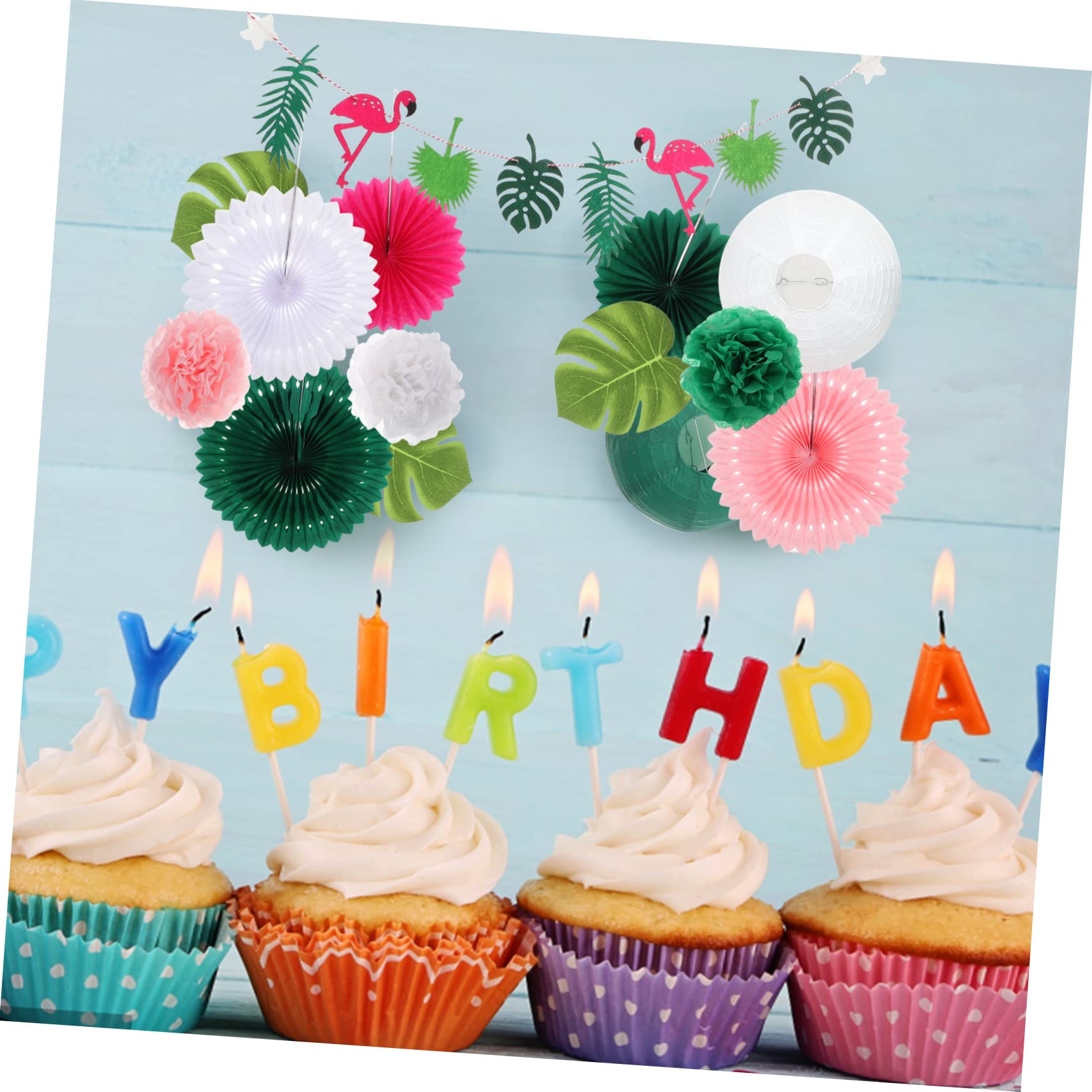 Holibanna Juego de Pancartas Hawaianas y Pompones con Abanicos de Papel y Flamencos, Decoración de Papel para Fiesta Tropical de Verano para Cumpleaños y Playa