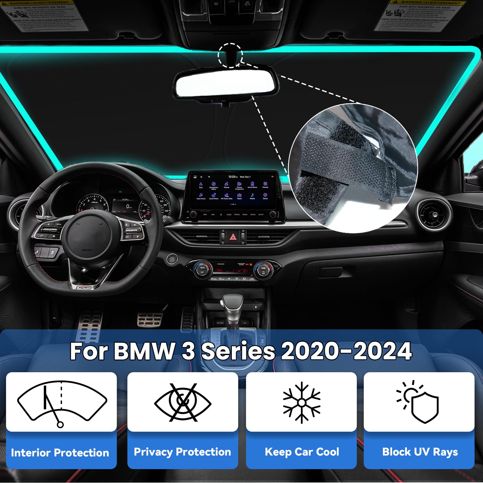 PAIMOHO Windshield Sun Shade for 2020-2024 BMW 3 Series 328i 335i 320i 330i 325i F30 F31, Car Front Window Sunshade with 240T Sun Visor Protector Blocks UV Rays Heat Sun Shield Accessories