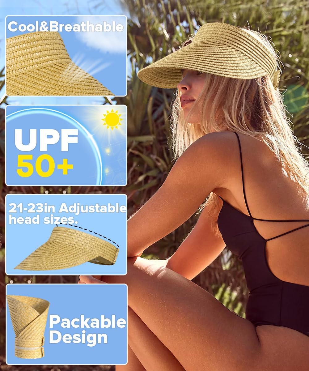 EW EastWater Beach Sun Visor Hats for Women, Wide Brim UPF50+ Sun Protection Straw Hat Packable Foldable for Summer - Image 2