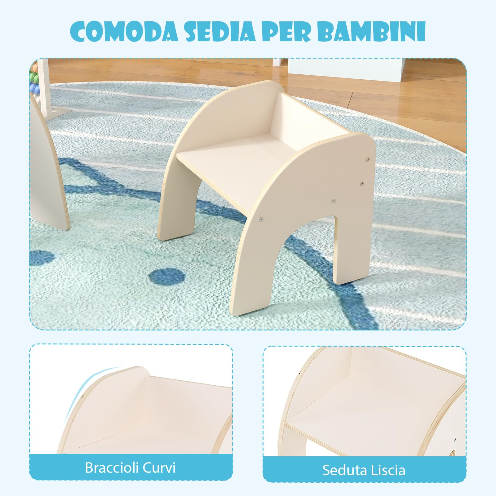 COSTWAY Set Tavolo e Sedie per Bambini 3+ Anni, Tavolino Legno con Sedie per Cameretta con Bordo Curvato e Ampio Piano, Mobile Salvaspazio per Camera da Letto, Soggiorno e Asilo (Bianco)