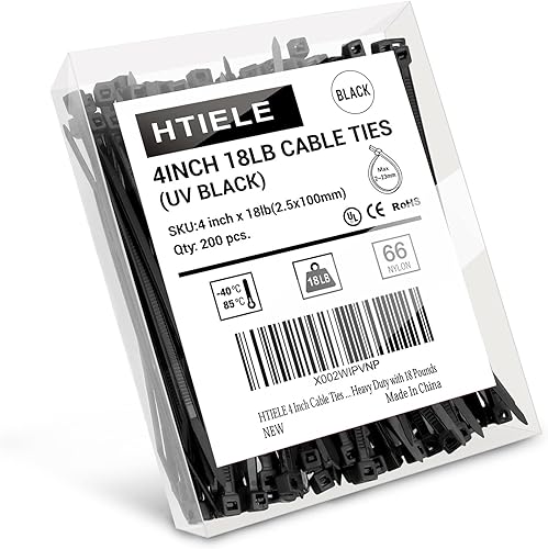 Bridas pequeñas de 4 pulgadas y 18 libras de nailon para cables, 200 unidades, color negro, resistente, HTIELE para interiores o exteriores