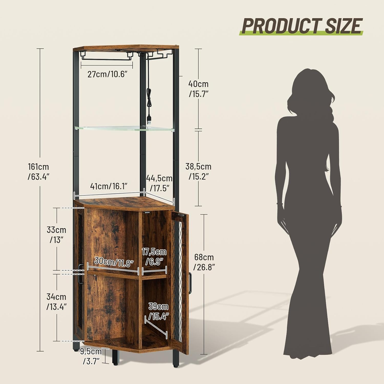 Corner Bar Cabinet with LED Lights, Tall Wine Cabinet with Storage, 5-Tier Industrial Corner Liquor Cabinet with Glass Holders, Adjustable Shelves, for Kitchen, Home, Rustic Brown and Black