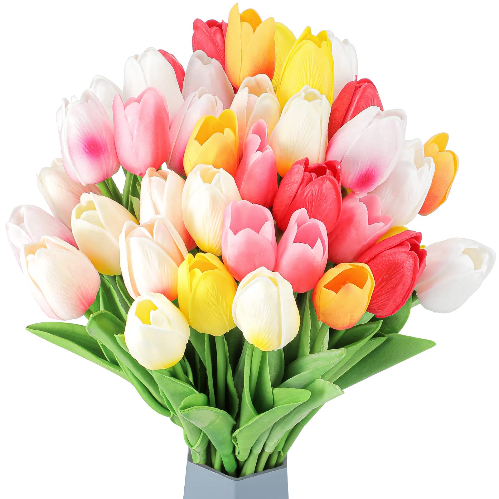 Geosar 40 Pcs Tulips Artificial Bulk Easter Tulips Faux Tulips Spring Bouquet 14 Inch PU Faux Tulip Stems for Home Vase Mother's Day Office Decor Floral Arrangements Wedding Bouquet(Fresh Colors)