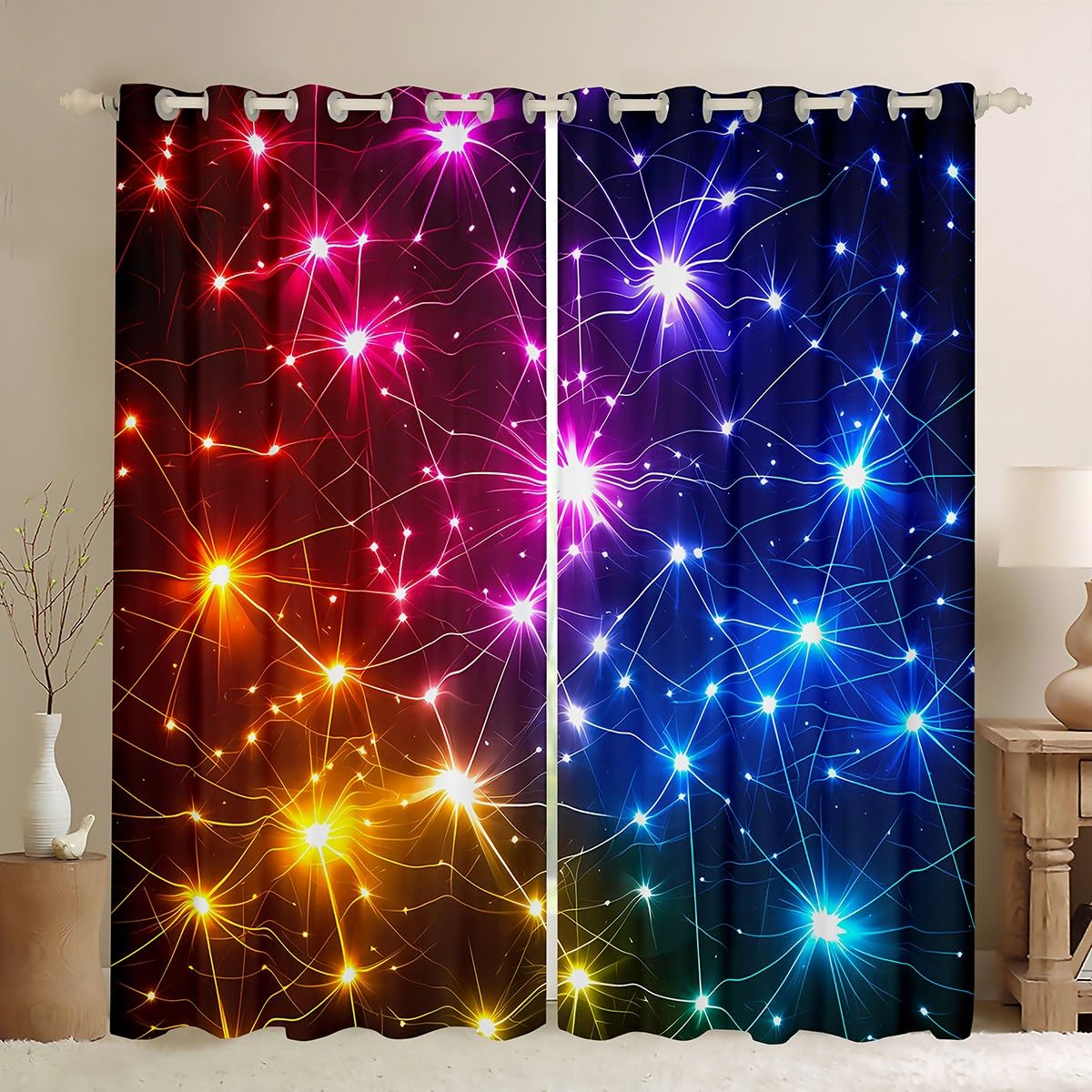 Homemissing Neon Light Stripes Curtains(2 Panels,W66*L72) For Kids Boys Girls Teens Geometric Modern Art Darkening Blackout Window Curtains Abstract Star Print Window Treatments