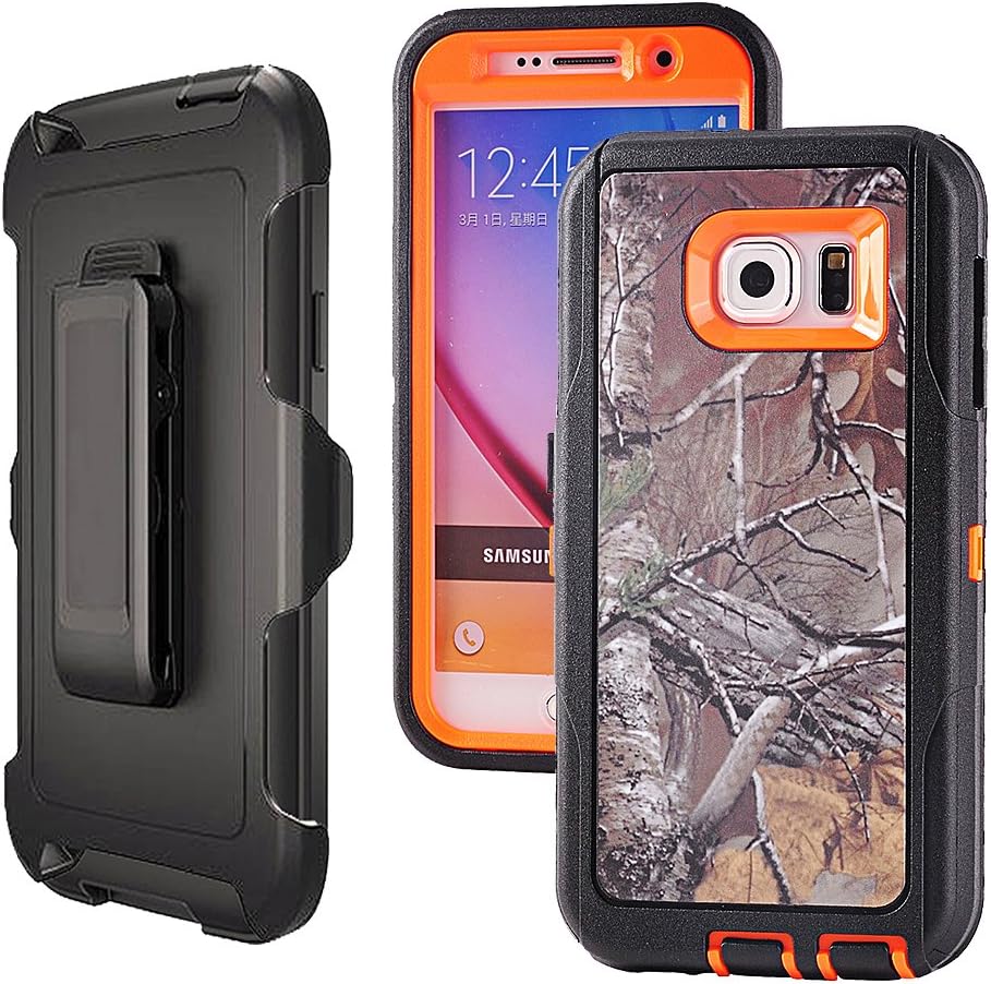 Galaxy S6,Harsel Heavy Duty Shockproof 3-Layer Military Outdoor Sport Rubber Camouflage Wood Design Defender Case Cover with Belt Clip Built-in Screen Protector for Samsung Galaxy S6 (Xtra-Orange)