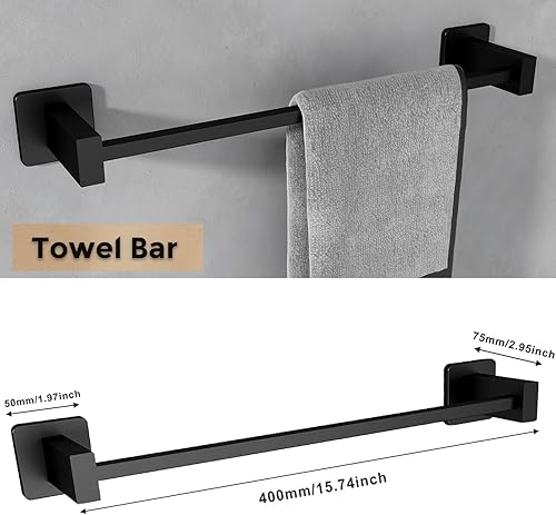 Miniatura 2 de Toalleros para baño, juego de 4 piezas de accesorios de baño negro mate SUS304 de acero inoxidable montado en la pared, incluye toallero individual
