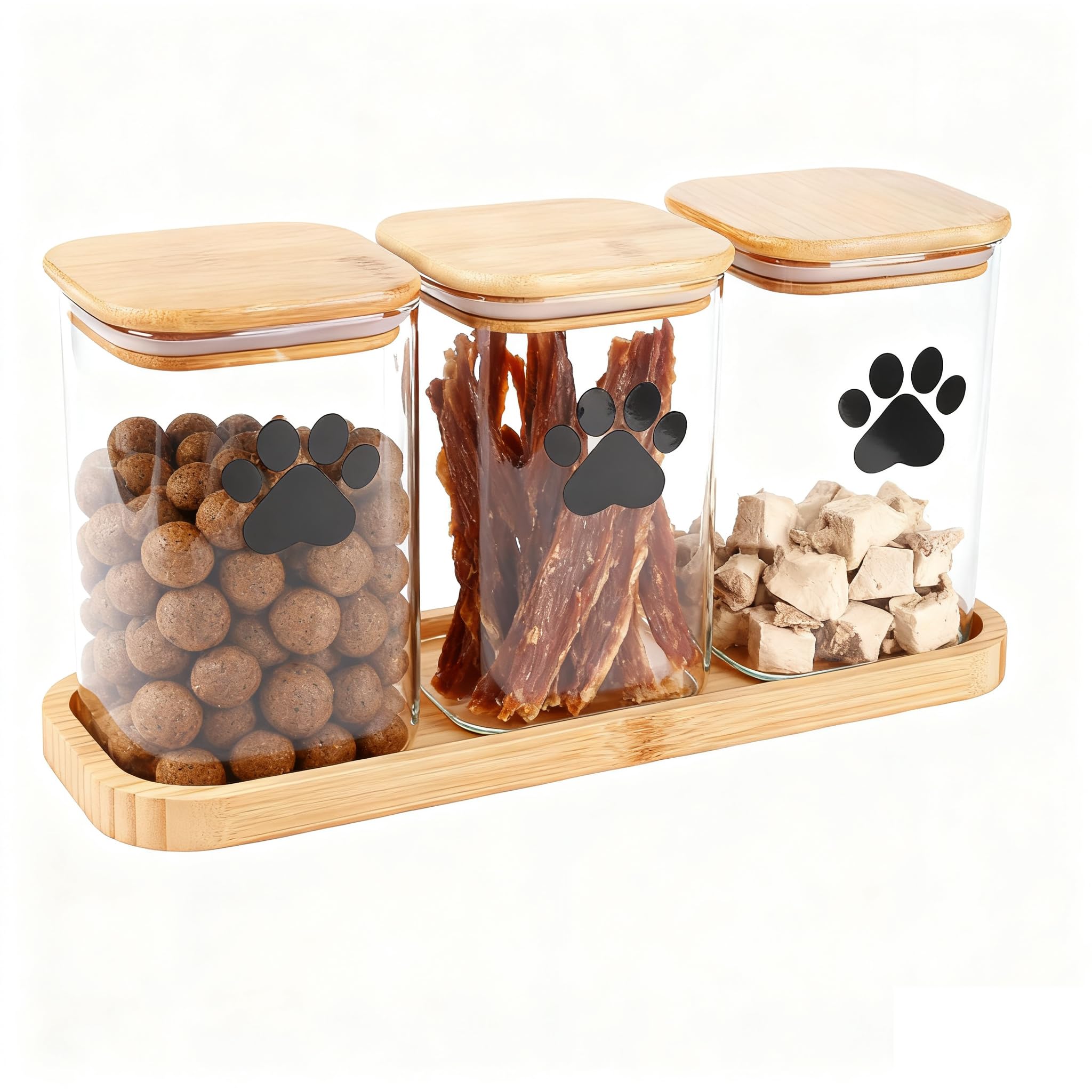 Geyecete 3 Glass Dog and Cat Food Containers with Tray, Airtight Container for Dogs, Keeps Treats Dry – Ideal for Dogs and Pets Food