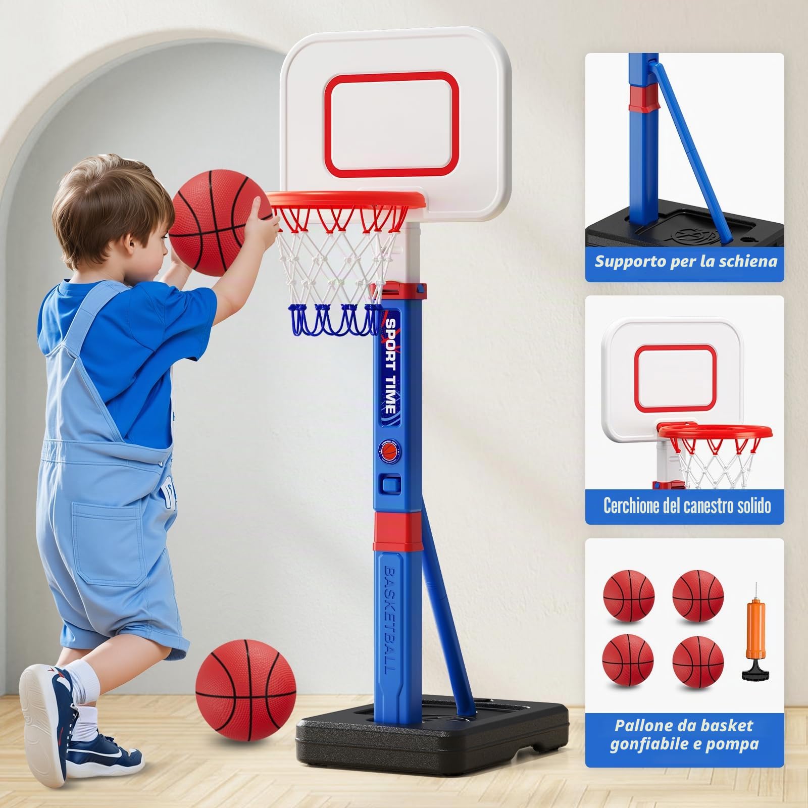 HYES Cestino da basket per bambini 3-5, regolabile in altezza, mini cestino da basket per interni ed esterni, con 4 palline, giocattolo da basket, regalo per ragazzi e ragazze (114-139 cm)