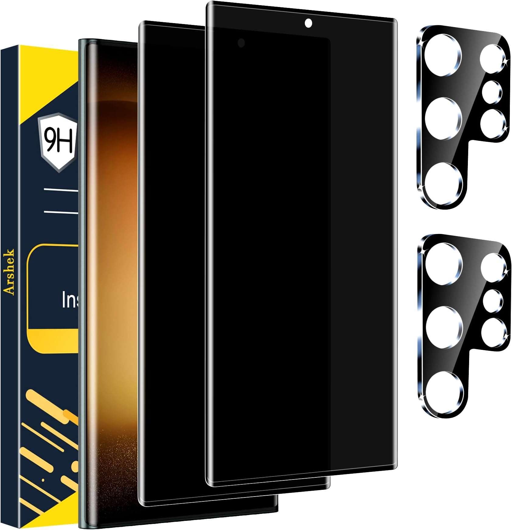 Arshek [2+2 Pack] Galaxy S23 Ultra Privacy Screen Protector, 9H Tempered Glass, Ultrasonic Fingerprint Support, 3D Curved, HD Clear Anti-Spy Film for Samsung S23 Ultra 5G Glass Screen Protector