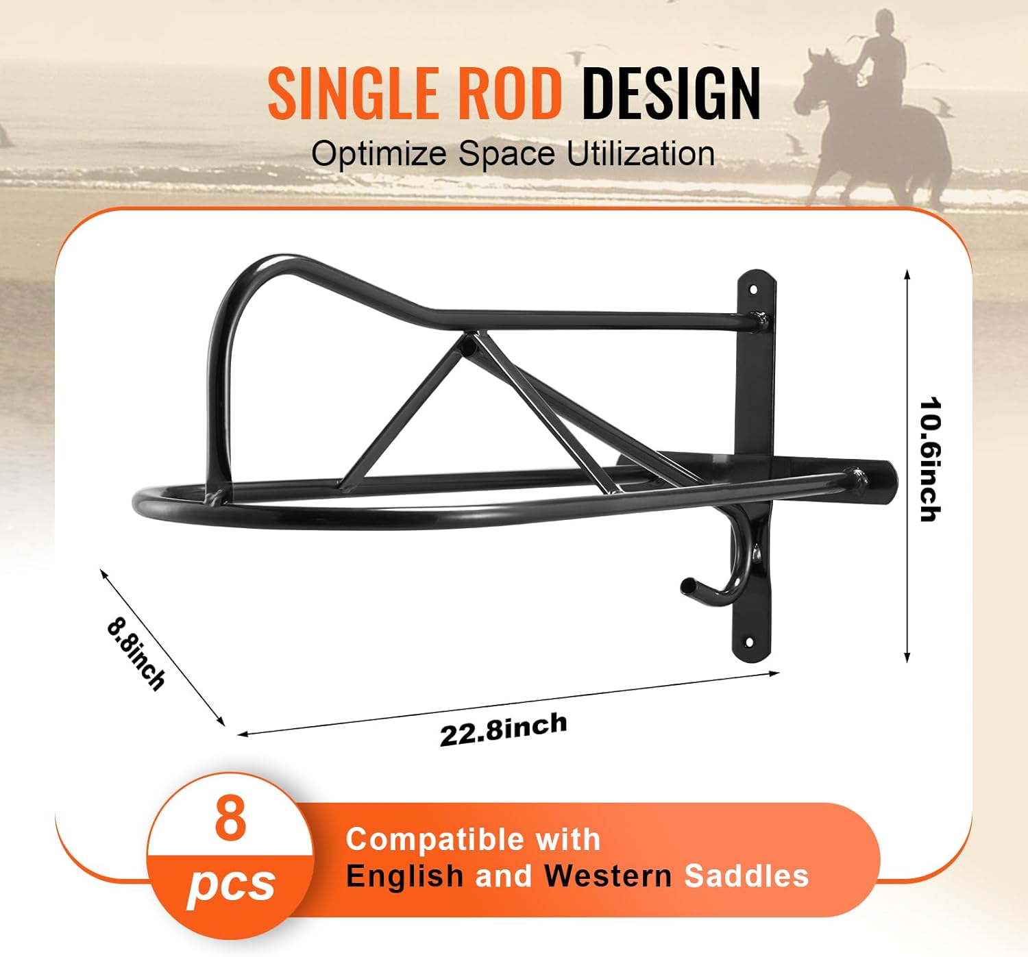 VEVOR Wall Mount Saddle Rack, 27.3 x 16.3 x 12.5 in, 8 Packs Horse Saddle Rack with Pad Bar, Portable Saddle Stand for English & Western Saddle, Horse Tack Storage for Equestrian Garden, Black - Image 3