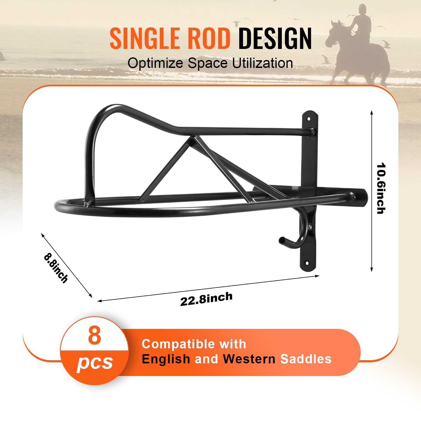 VEVOR 8 PCS Soporte de Pared para Sillín de Caballo 580x223x270mm, Soporte para Sillín de Caballo con Barra de Almohadilla, Soporte Portátil para Sillín Inglés y Occidental para Jardín Ecuestre, Negro