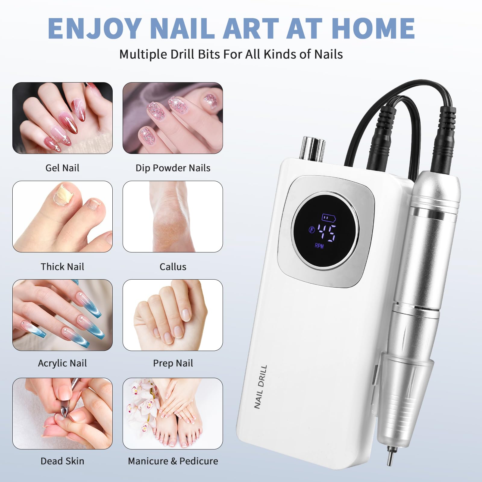 Lima elettrica senza fili, SC300F, trapano professionale ricaricabile per unghie, 30000 giri/min, kit di lime per unghie in gel acrilico, manicure e casa, bianco