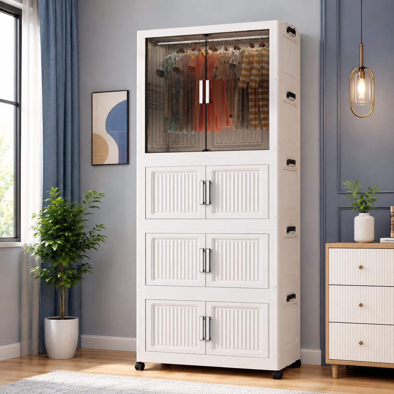 YASONIC Plastic Wardrobe for Kids Clothes - Standing Desk Premium Comfort Foldable Wardrobes for Clothes, Cupboard for Storage Large for Men and Women (Off White, 4 Door)-image-48