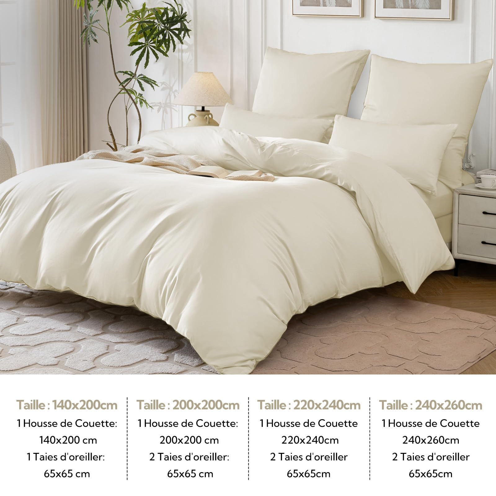 SOULFUL Copripiumino 220 x 240 in raso di cotone con 2 federe 65 x 65 cm, setoso e traspirante, 100% cotone a fibre lunghe, beige set da letto 220 x 240 in cotone con chiusura lampo