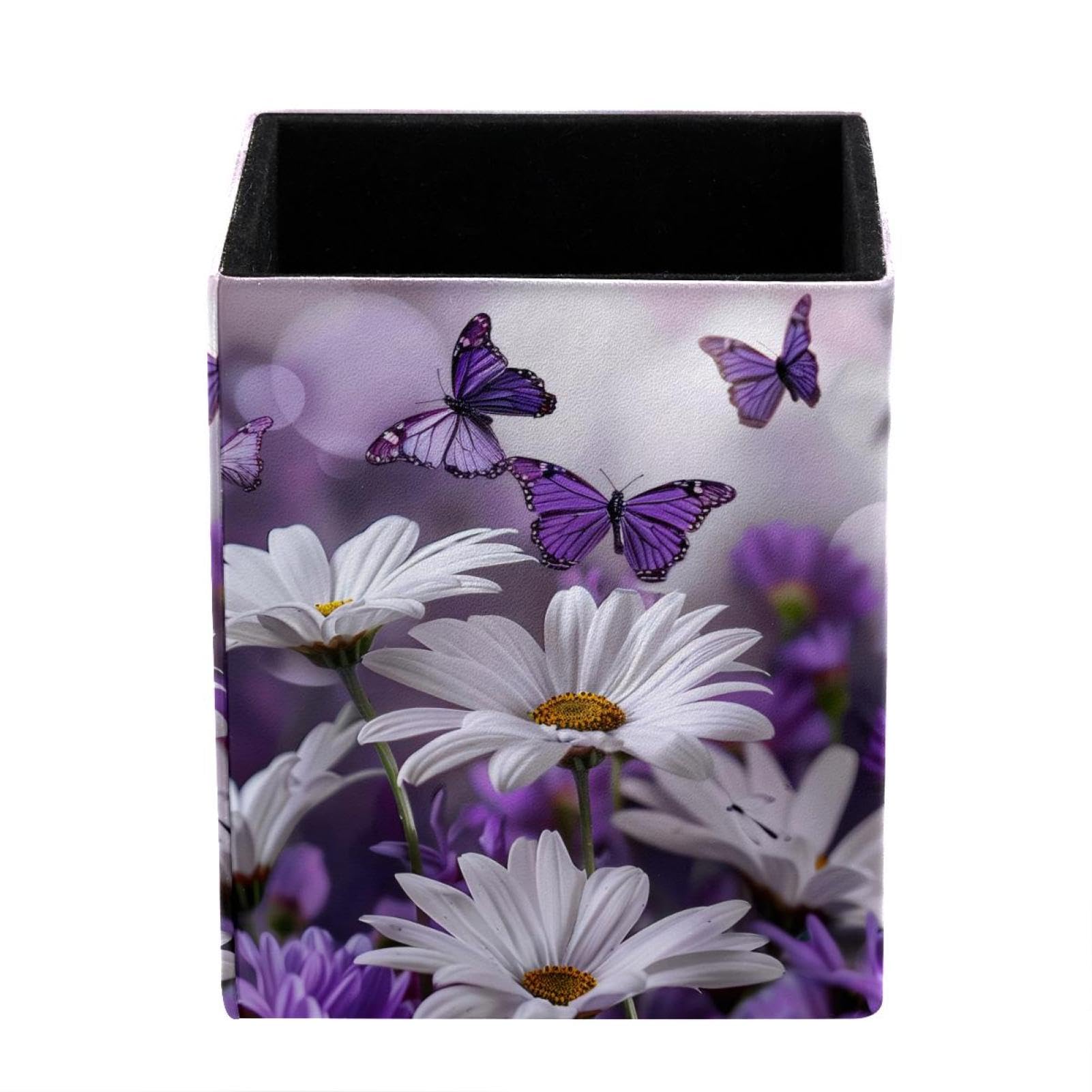KikandKo Pen Pencil Holder for Desk, Daisy Butterflies Purple Desk Pen Organizer Desktop Supplies and Accessories for Women Girls, Pen Cup Pencil