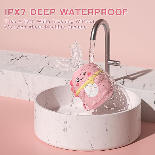 Miniatura 4 de Cepillo de dientes eléctrico en forma de U para niños con 4 cabezales de cepillo, cepillos de dientes ultrasónicos de dinosaurios de dibujos