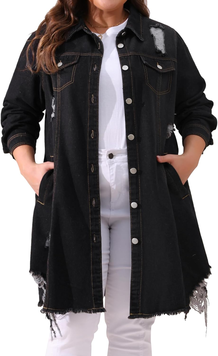 Agnes Orinda Jean Jacket for Women Plus Size Distressed Long Sleeve Oversized Denim Trucker Jackets - Image 2