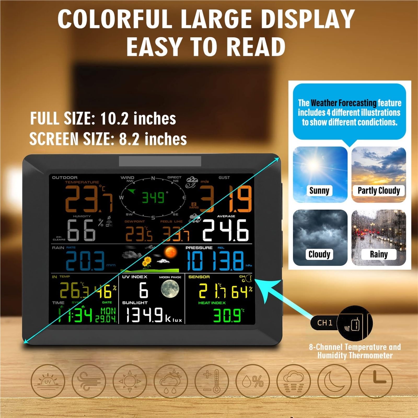 Stazione Meteorologica, Stazione Meteorologica Wi-Fi 7 In 1 Con Display A Colori E Sensore Esterno