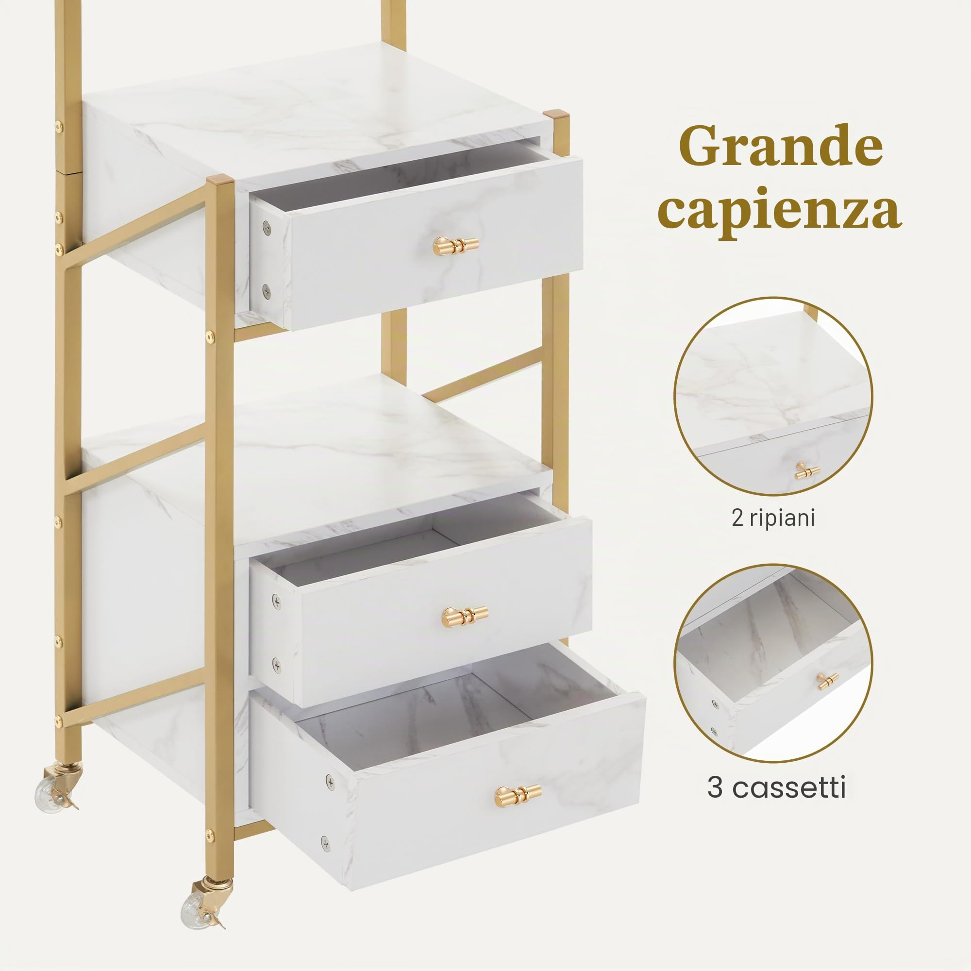 MCombo M Carrello da parrucchiere con ruote e 3 cassetti, carrello da servizio nero e oro, carrello da salone con 2 ripiani, carrello da lavoro per bagno, 30x40x97cm, 0048