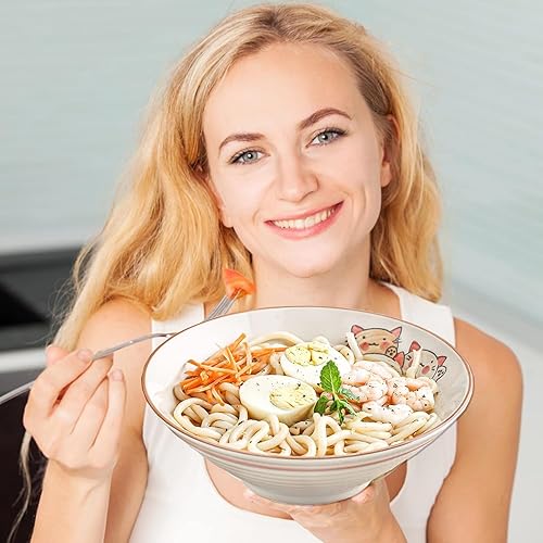 Miniatura 6 de NJCHARMS Tazón de sopa de fideos de ramen japonés de cerámica, 2 juegos (6 piezas) de 42 onzas, con cuchara y palillos a juego para fideos asiáticos