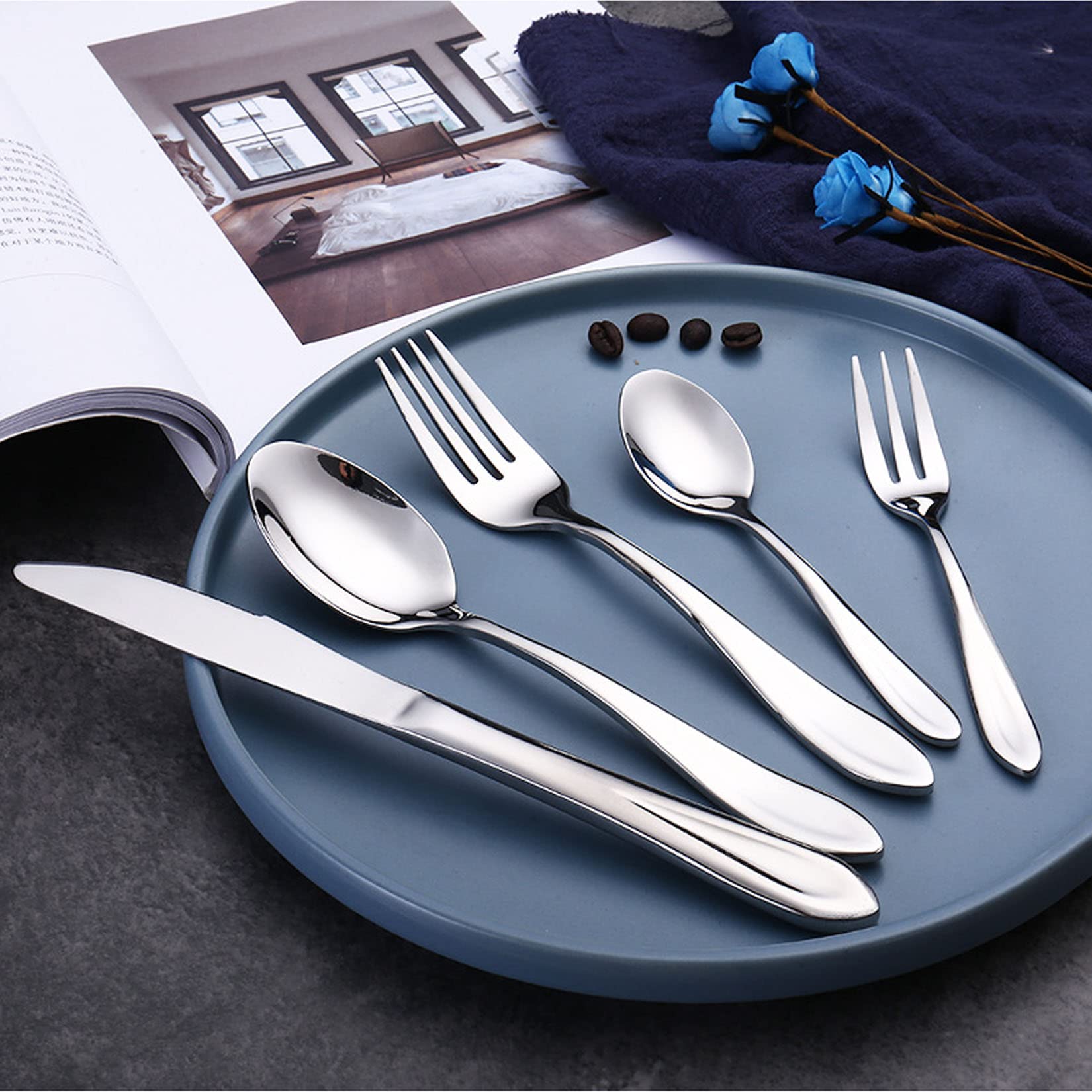 Ensemble D'argenterie, Ensemble De Cuillères À Café Et De Cuillères À Café en Acier Inoxydable, Durables Et Réutilisables,Argent,24pcs