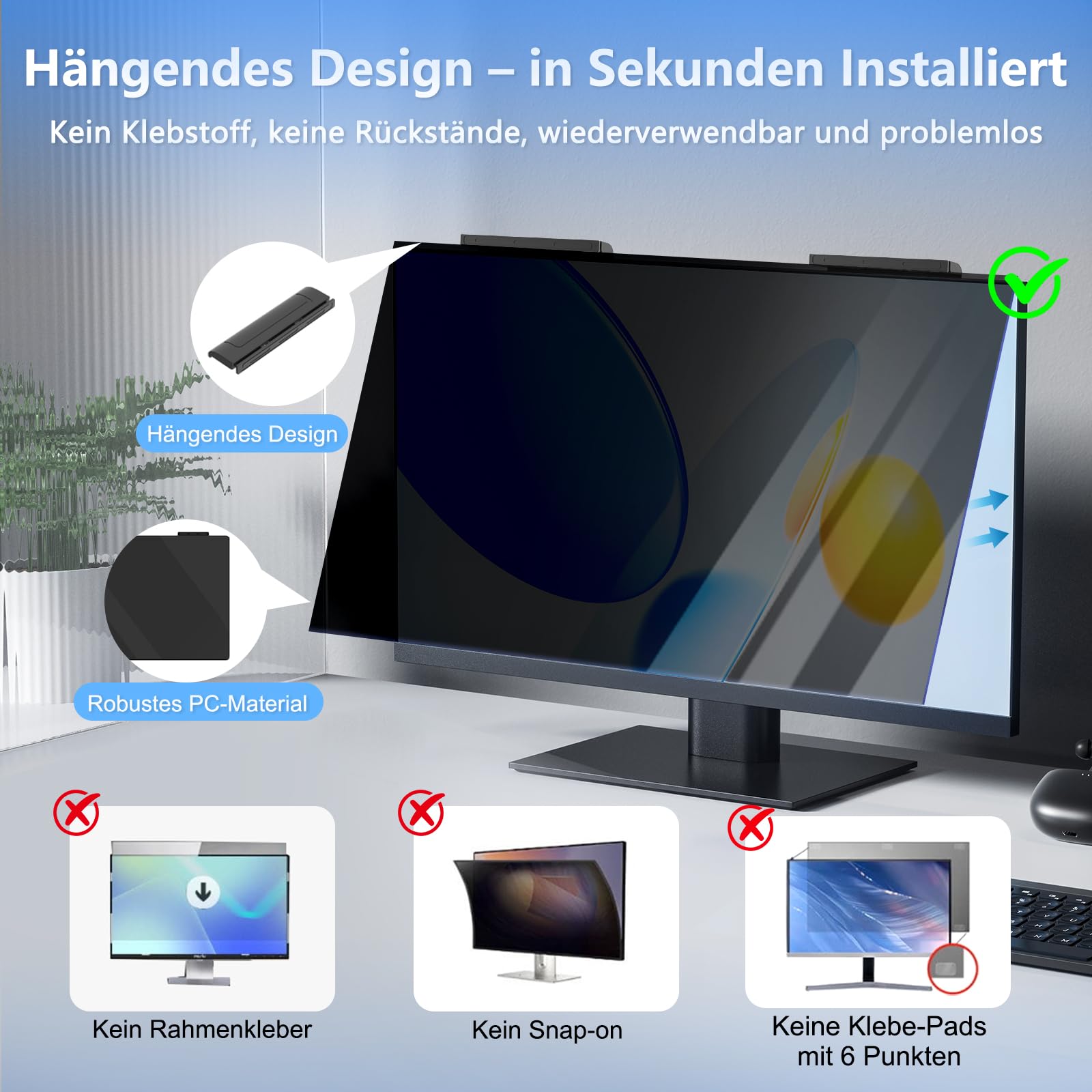 Zspeed 2 Pack Blickschutzfilter 24 Zoll Monitor 16:9, Hängend Ohne Kleben | Abnehmbarer, Anti-Blaulicht und Blendschutz für Büro & Homeoffice