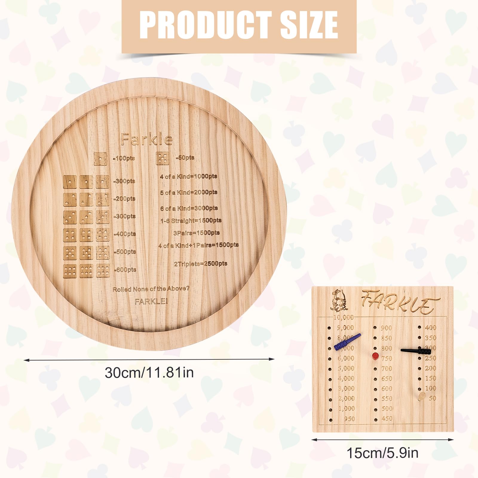 Wooden Farkle Dice Tray Set, Farkle Classic Dice Game Board with 12 Inch Tray 6 Pearl Dice 1 Score Pad and 4 Markers, Holder for The Classic Family Game - Image 2