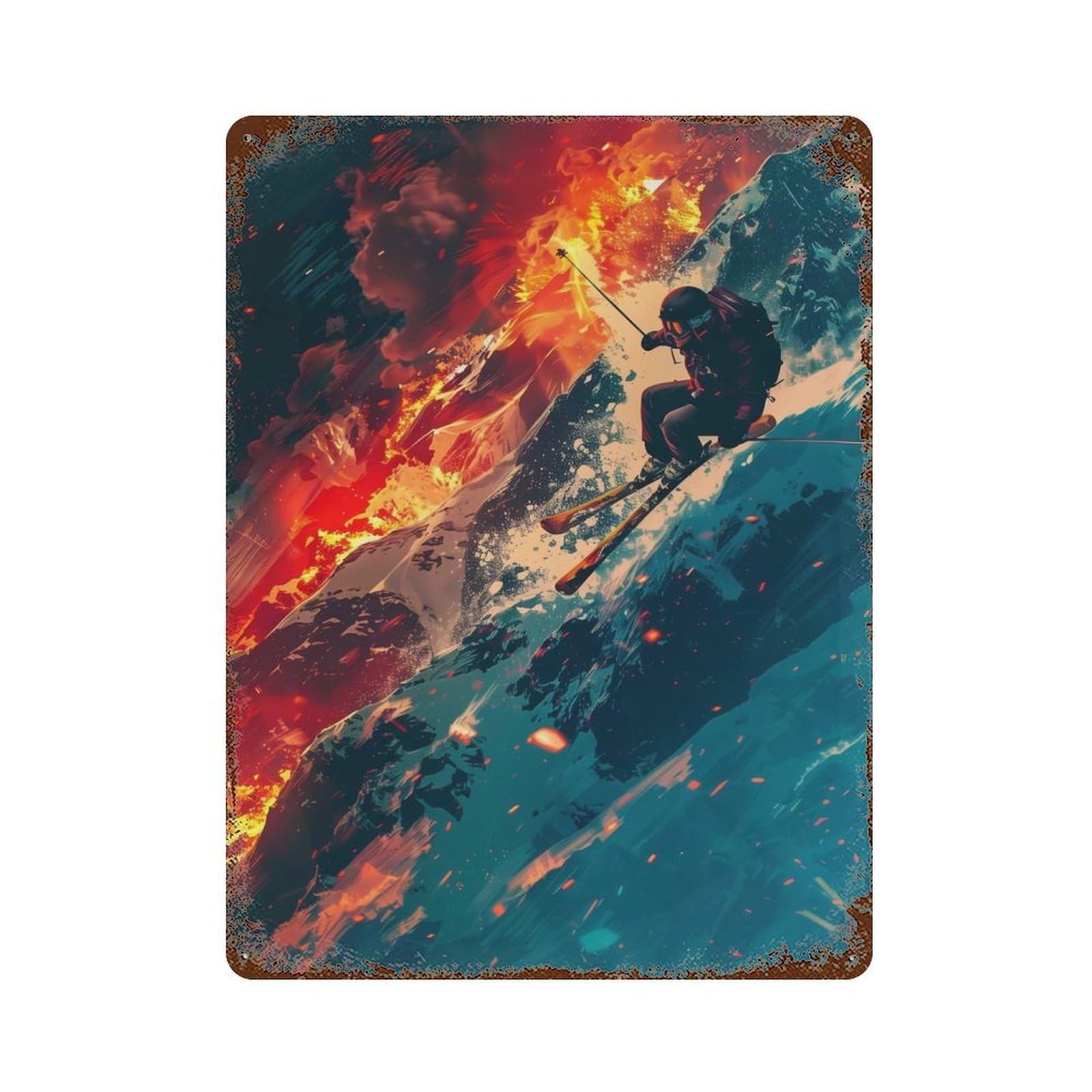 Rust Effect Skier In A Snowy Mountain Distressed Metal Wall Sign 15.7"x11.8", Decorative Metal Wall Art for Living Room, Hallway And Home Decor