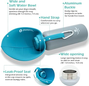 LumoLeaf Insulated Dog Water Bottle 27 oz Stainless Steel - Keep Water Cool or Warm, Portable Pet Water Bowl for Travel, Wide Mouth for Easy Ice Filling & Cleaning (Blue, 27 oz)