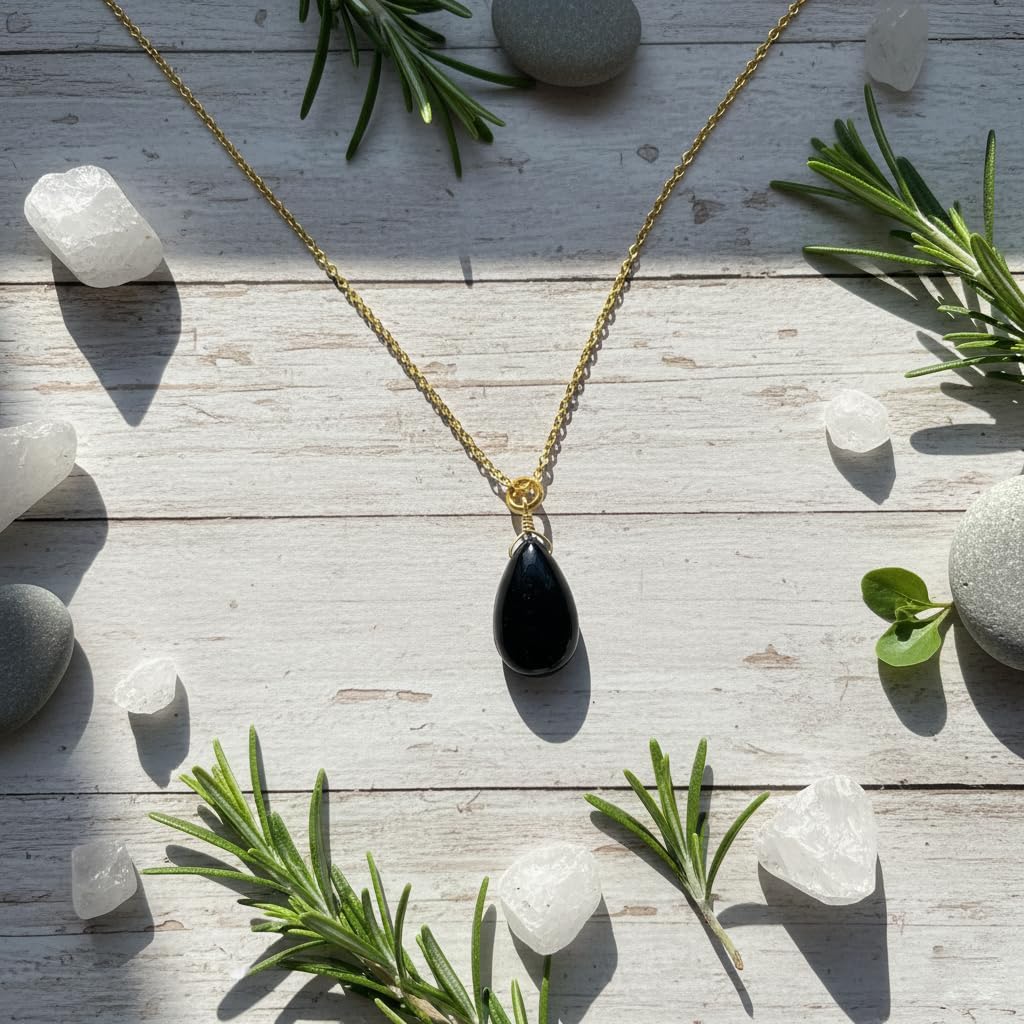 Natural Black Onyx Pear Shape Pendant Necklace for Women | Gold Plated Hypoallergenic Protection Crystal Jewelry | Strength & Grounding Stone 16"+2" (Black Onyx) - Image 4