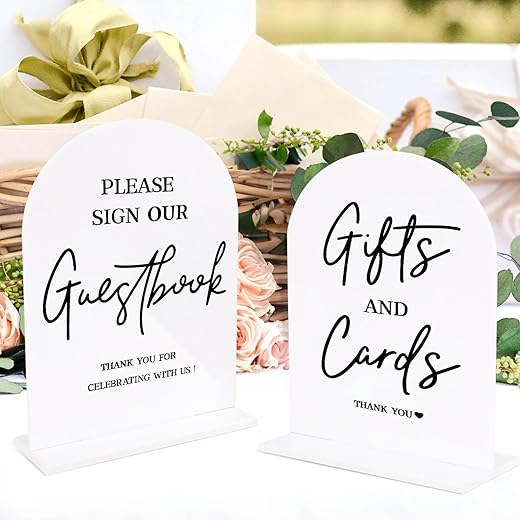 KOSKIMER 2 Pcs White Acrylic Wedding Signs for Ceremony and Reception, 5x7 Inch Wedding Gift Table Sign, Acrylic Guest Book Sign, Cards and Gifts Sign for Wedding, Wedding Reception Signs with Holder (Set of 2)