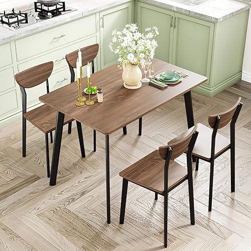 Miniatura 6 de Juego de mesa de comedor de cocina para 4, moderno juego de mesa y sillas de comedor rectangulares de 5 piezas, juego de mesa de metal de madera