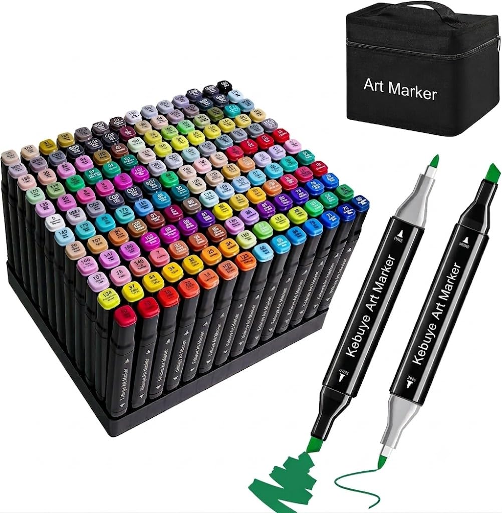 Kebuye Set de marqueurs à alcool - 168 couleurs Marqueurs feutres Twin Tip Marqueurs à alcool avec sacoche de transport pour artistes, enfants, adultes, peinture, dessin, manga, design