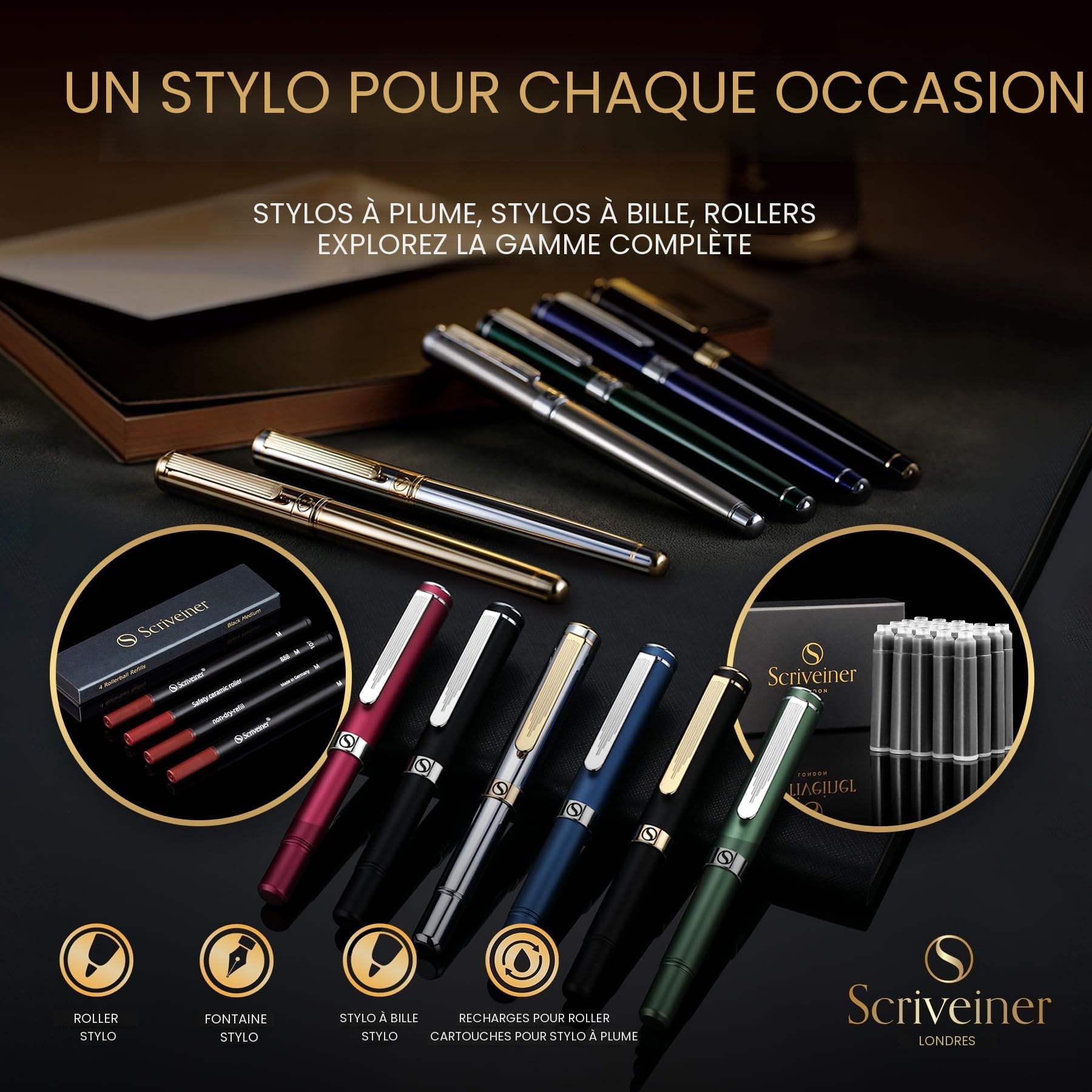 Scriveiner Stylo Plume Chrome Argent – Superbe Stylo avec Finition Plaqué or véritable, Plume Schmidt (Moyenne), Coffret Idéal pour Homme et Femme, Professionnel, Directeur, Bureau, Beau