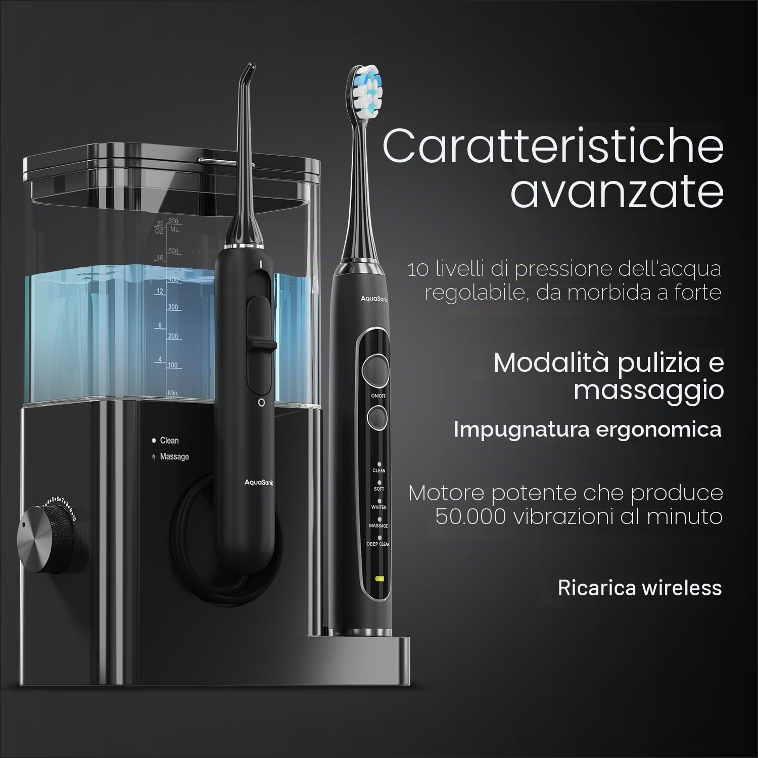 Aquasonic Home Dental Center PRO - Spazzolatura e filo interdentale reso facile - Spazzola e filo interdentale - Spazzolino elettrico e filo interdentale - Denti più bianchi e gengive più sane - Black