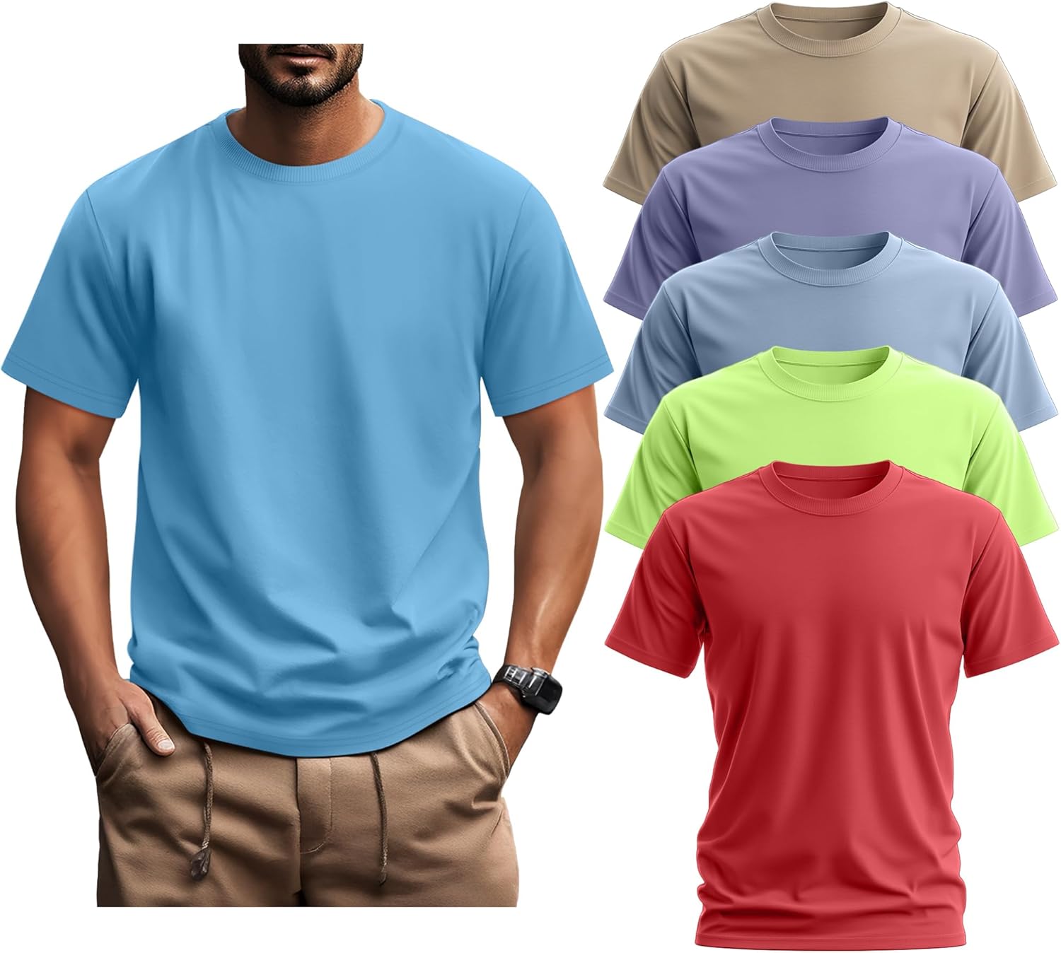 Ficerd 5 Pack Men's Big and Tall Shirts Short Sleeve Cotton Tee Summer Crew Neck Oversize Top Loose Fit Shirt Multipack