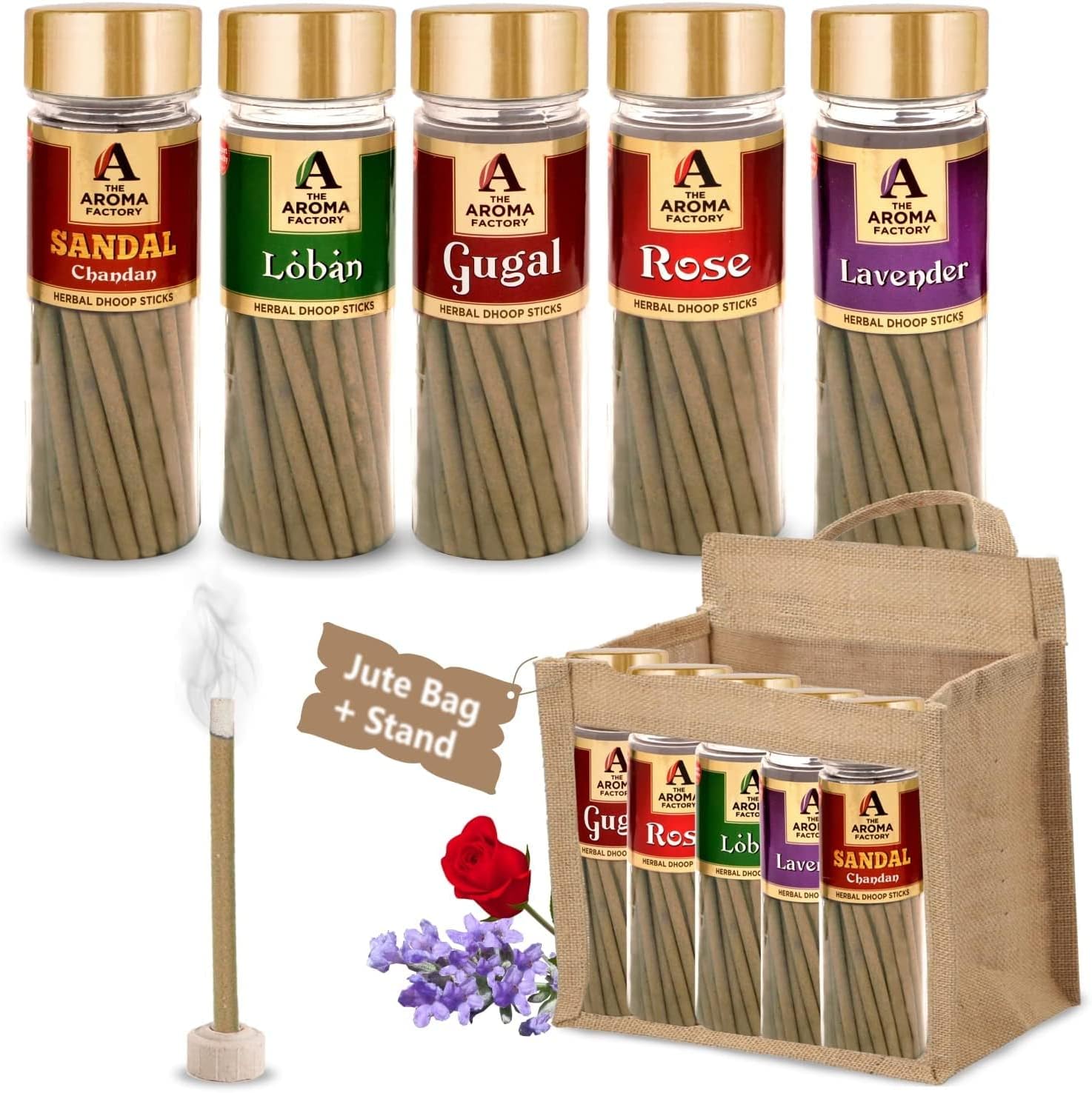 The Aroma Factory Organic Bamboo-less Incense Sticks (Rose, Sandal, Gugal, Loban, Lavender) | Non Toxic | Aromatic Fragrances Dhoop Battis | Combo of 5 Jar x 100Gram | Jute Gift Set with Wooden Holder