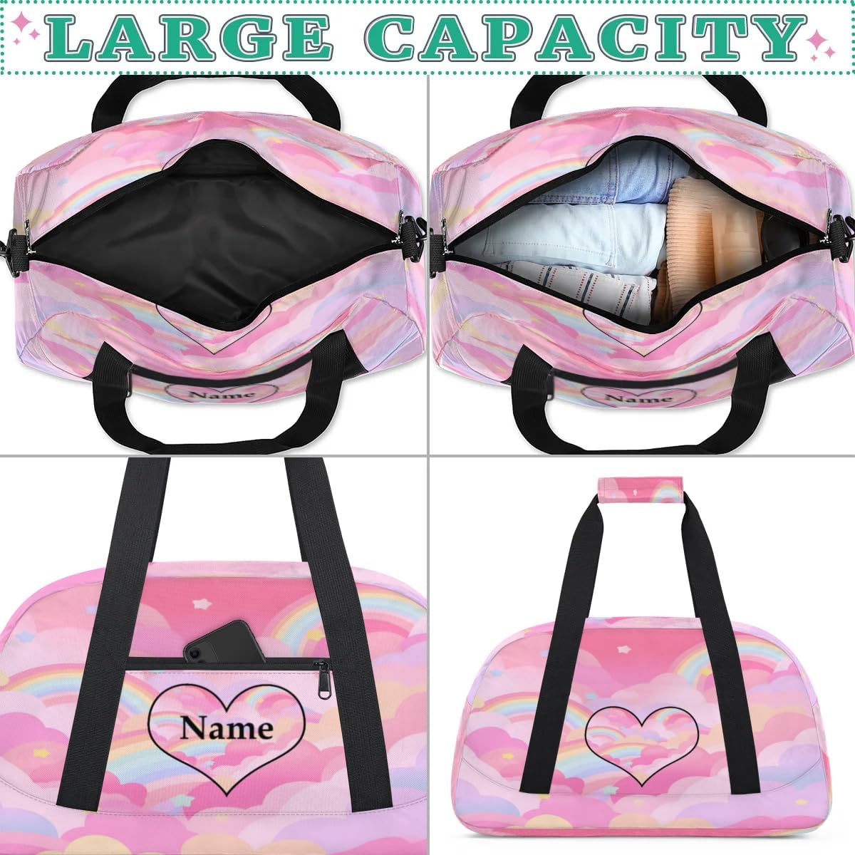 Cute Pink Personalized Duffle Bag for Kids Custom Dance Ballet Bag with Name Lightweight Travel Weekender Overnight Bags Sport Gym Duffel Bags Workout Carry On Tote Bag for Girls Boys